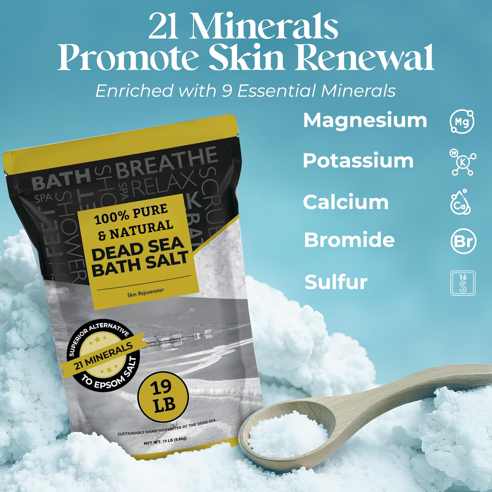 Aromasong Dead Sea Salt - Spa Bath Salt - 19 Lbs Fine Grain Bulk - 100% Pure - Better Absorbing Than Epsom Salt - Soak for Women & Men for Skin Issues and to Relax Tired Muscles - Resealable Pack.