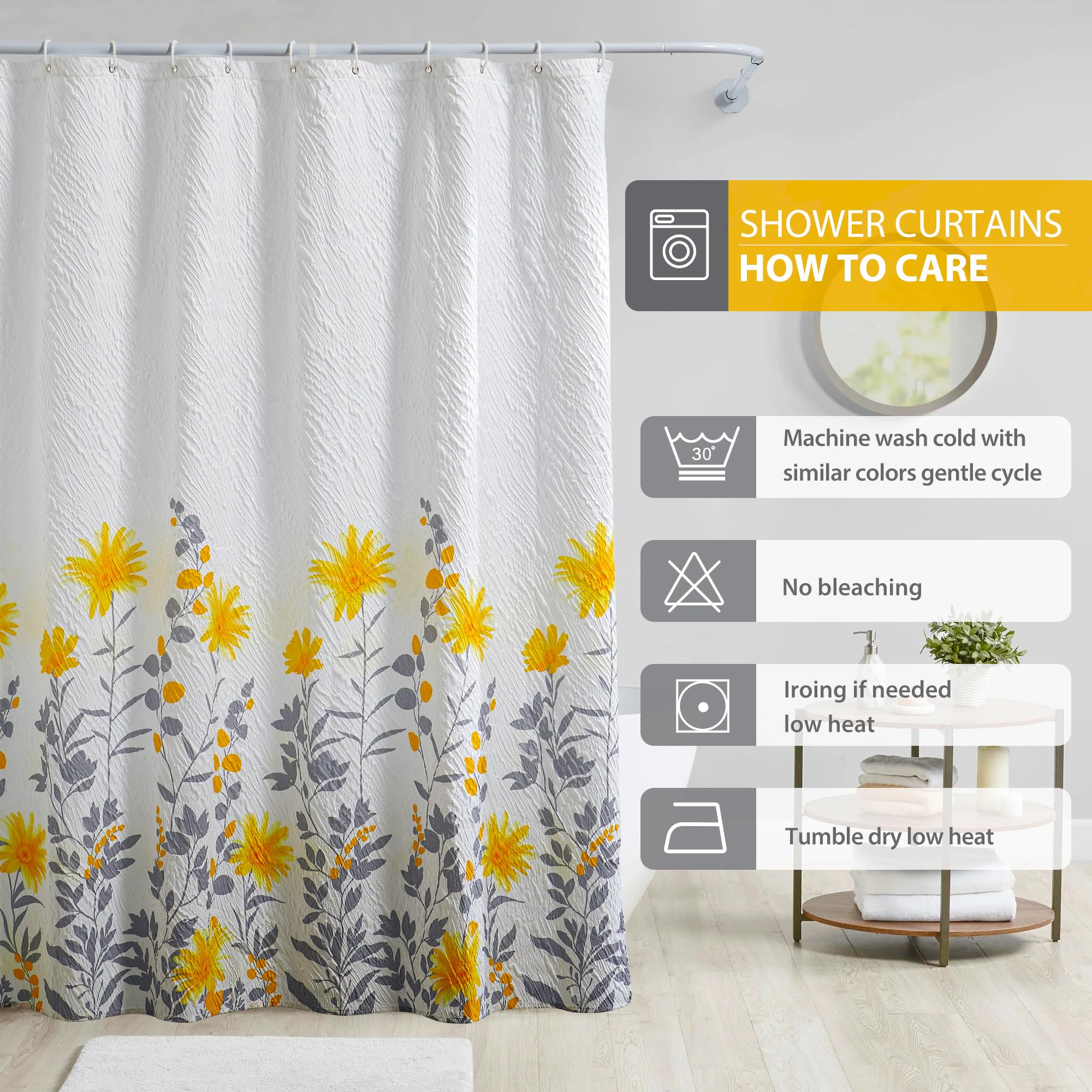 Yellow Floral Shower Curtain Set for Bathroom, Boho Sunflower Shower Curtain, Yellow & Gray Textured Shower Curtains, Fabric Flower Shower Curtain Botanical Bath Curtain, Water Repellent 72x72Inch