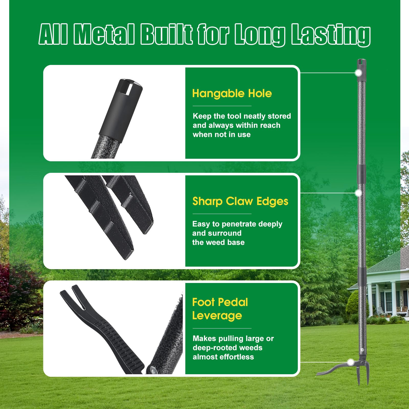 Weed Puller Tool, Stand Up Manual Weeder, Heavy Duty Garden Weeding Tool with 60 inch Long Handle,4 Claw Steel Head, Uprooting Dandelion Removal Gardening Tools for Lawn Grass Grabber