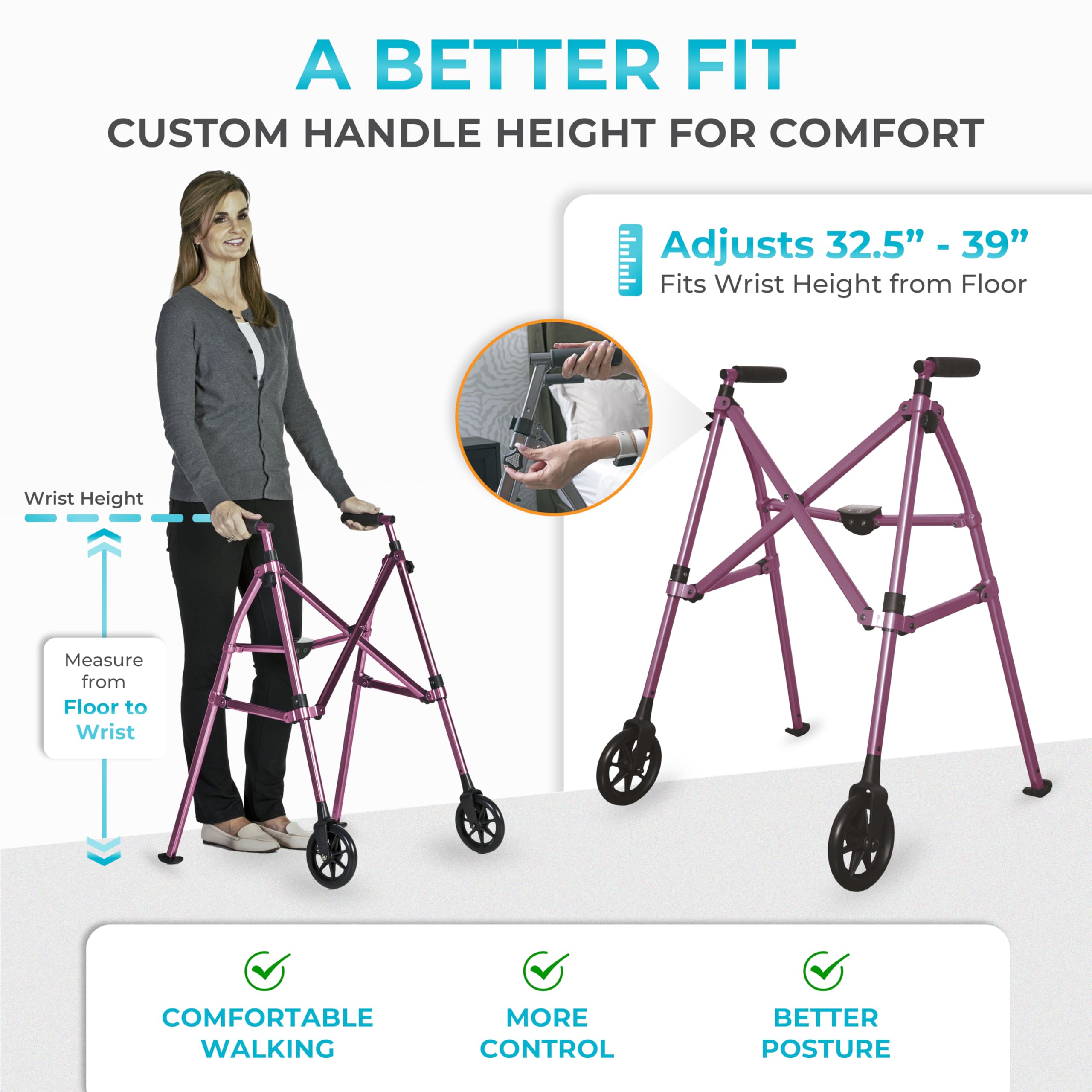 Stander Space Saver Walker, Lightweight Folding Rolling Mobility Aid for Seniors & Adults, Compact 2-Wheel Disability Device with 6-inch Wheels & Ski Glides for Walking Support, Regal Rose