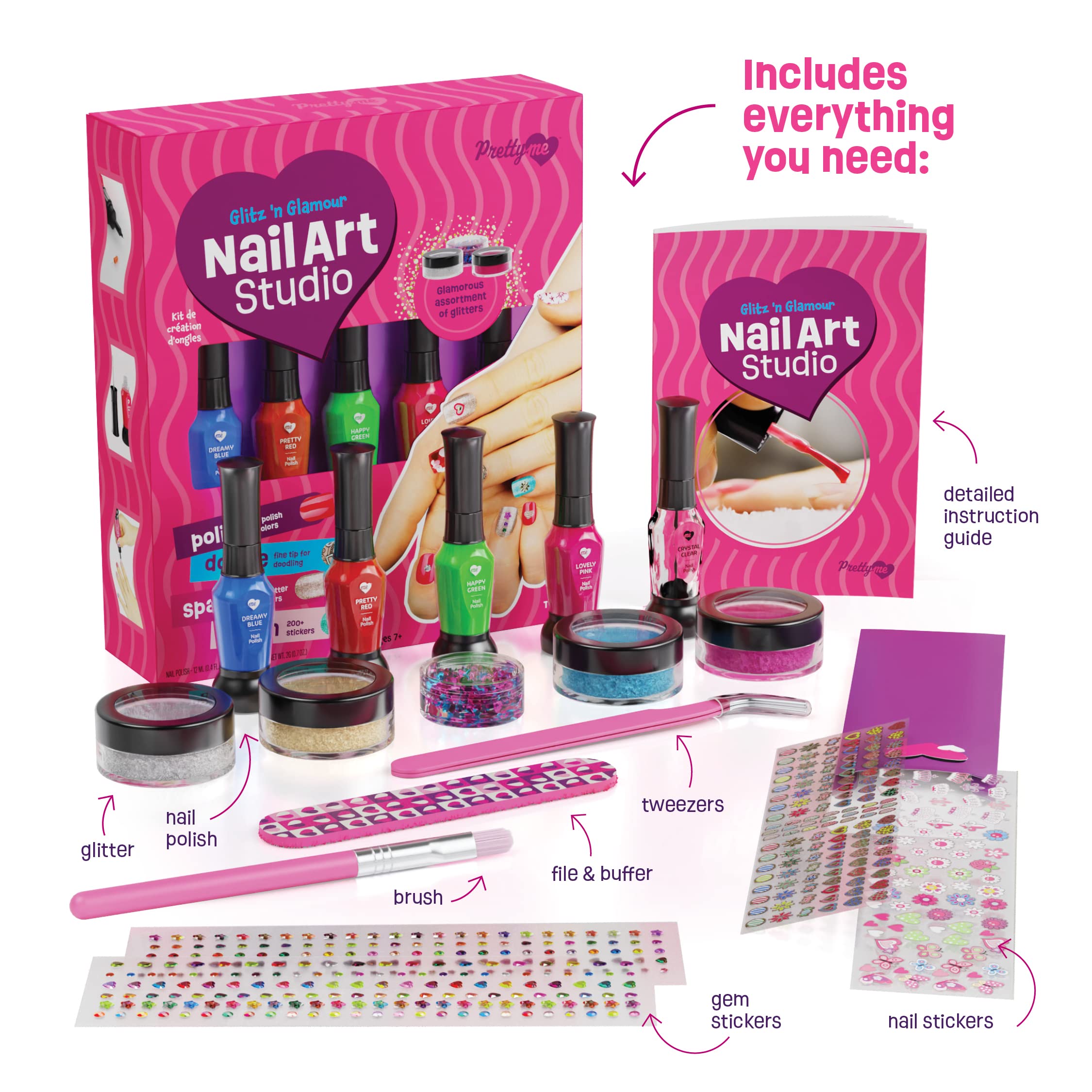 Nail Art Studio for Girls - Nail Polish Kit for Kids Ages 7-12 Years Old - Girl Gifts Ideas - Girls Nails Gift Set - Cool Girly Stuff - Polish, Pens, Glitter, Stickers, Gems, Filer - 8 9 10 11 12 Year