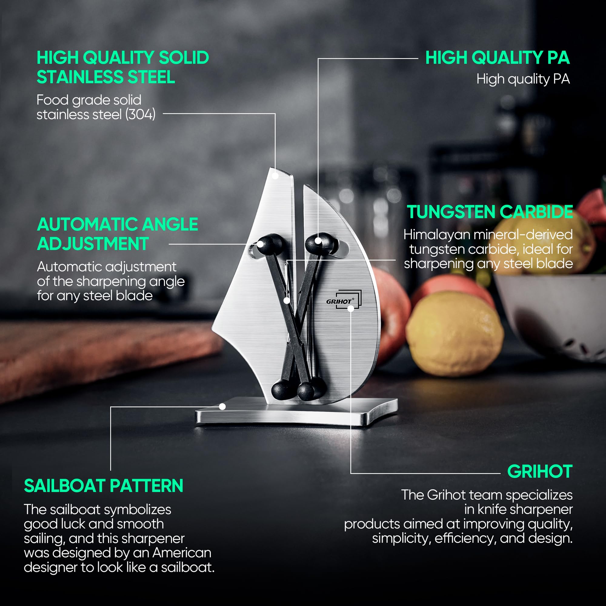 Grihot Professional Knife Sharpener | 3-Action Streamlined Sailboat Design for Effortless Knife Sharpening - The Ultimate Tool for Precision 11 to 21 Degree Angles (Upgrade Stainless Steel)