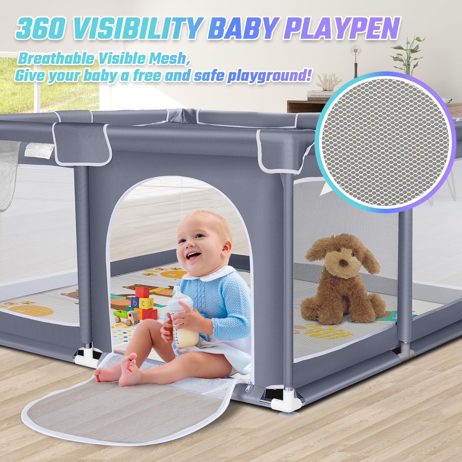Suposeu Baby Playpen with Mat, Portable Baby Play Yard for Toddler, Safety Baby Gate playpen with Soft Breathable Mesh, Indoor and Outdoor, Large Kids Activity Centery (Grey)