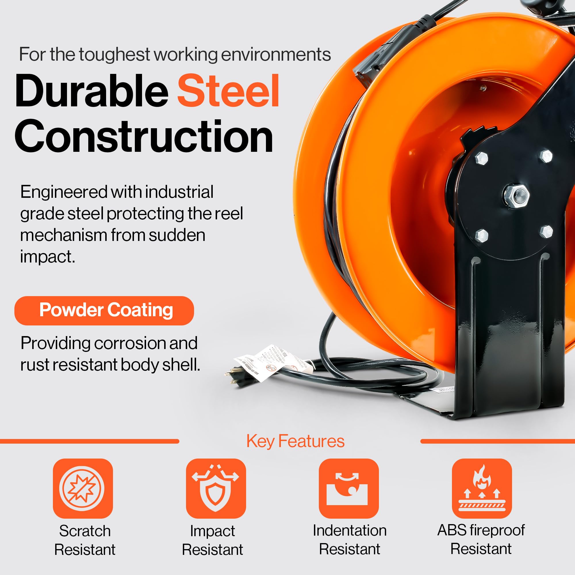 SuperHandy Extension Cord Reel Retractable 14AWG x 100' Feet 3C SJTOW Cable Triple Tap Connector Power Rating 125 Volt AC 13 Amp 1625 Watt Industrial Steel Single Arm