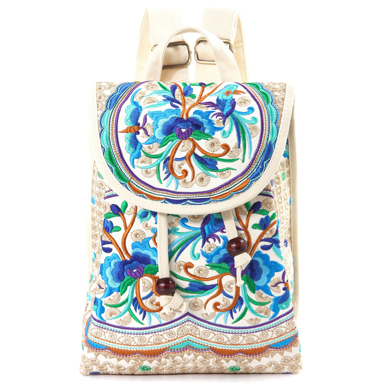 Goodhan Vintage Embroidered Women Backpack Ethnic Travel Handbag Shoulder Bag Beige