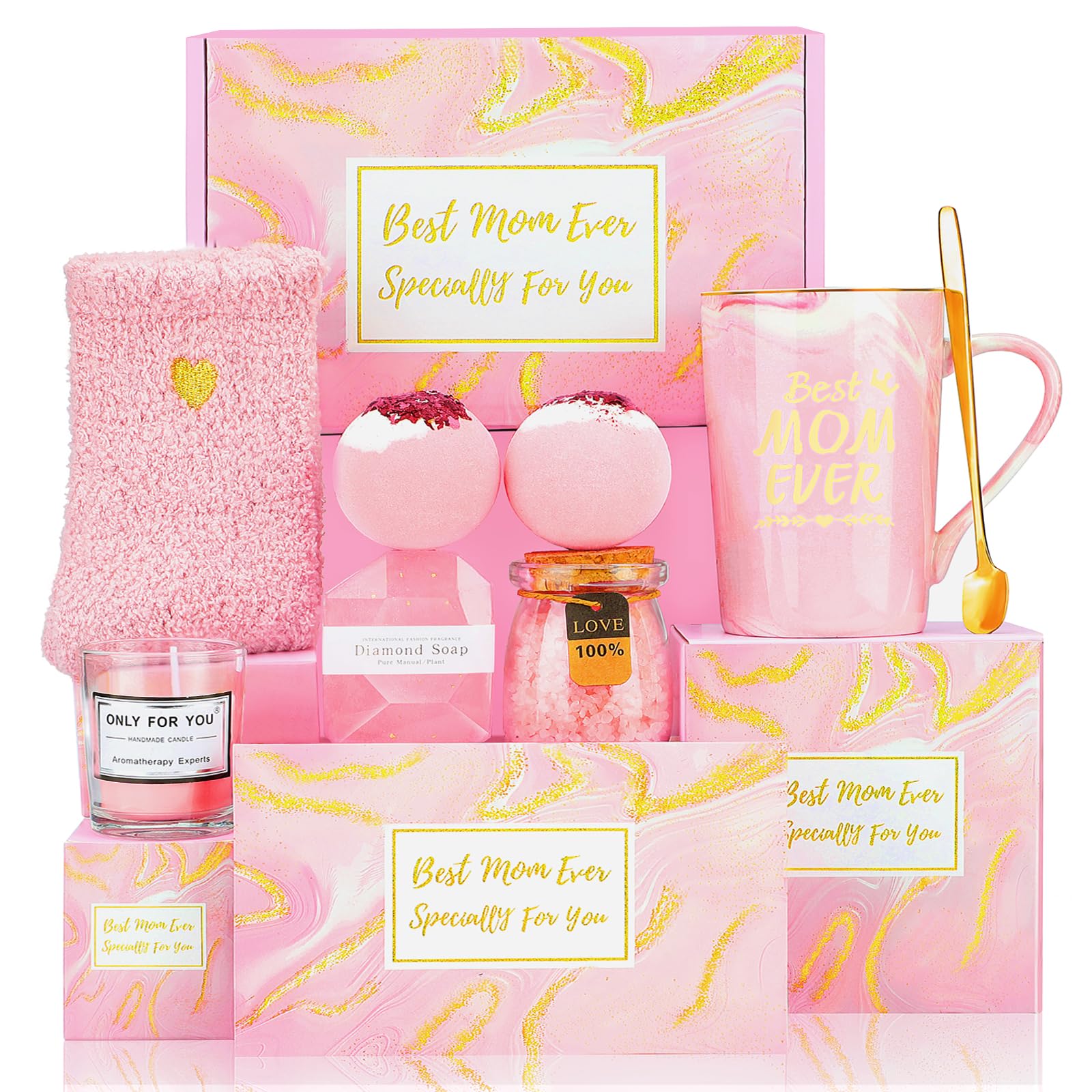 Mothers Day Gifts Box Set Pink Unique Birthday Gift Basket for Moms Women from Daughter Son Mother's Day Gift Ideas for Grandma Wife Mother in Law Best Mom Ever Gifts for Mom Who Have Everything