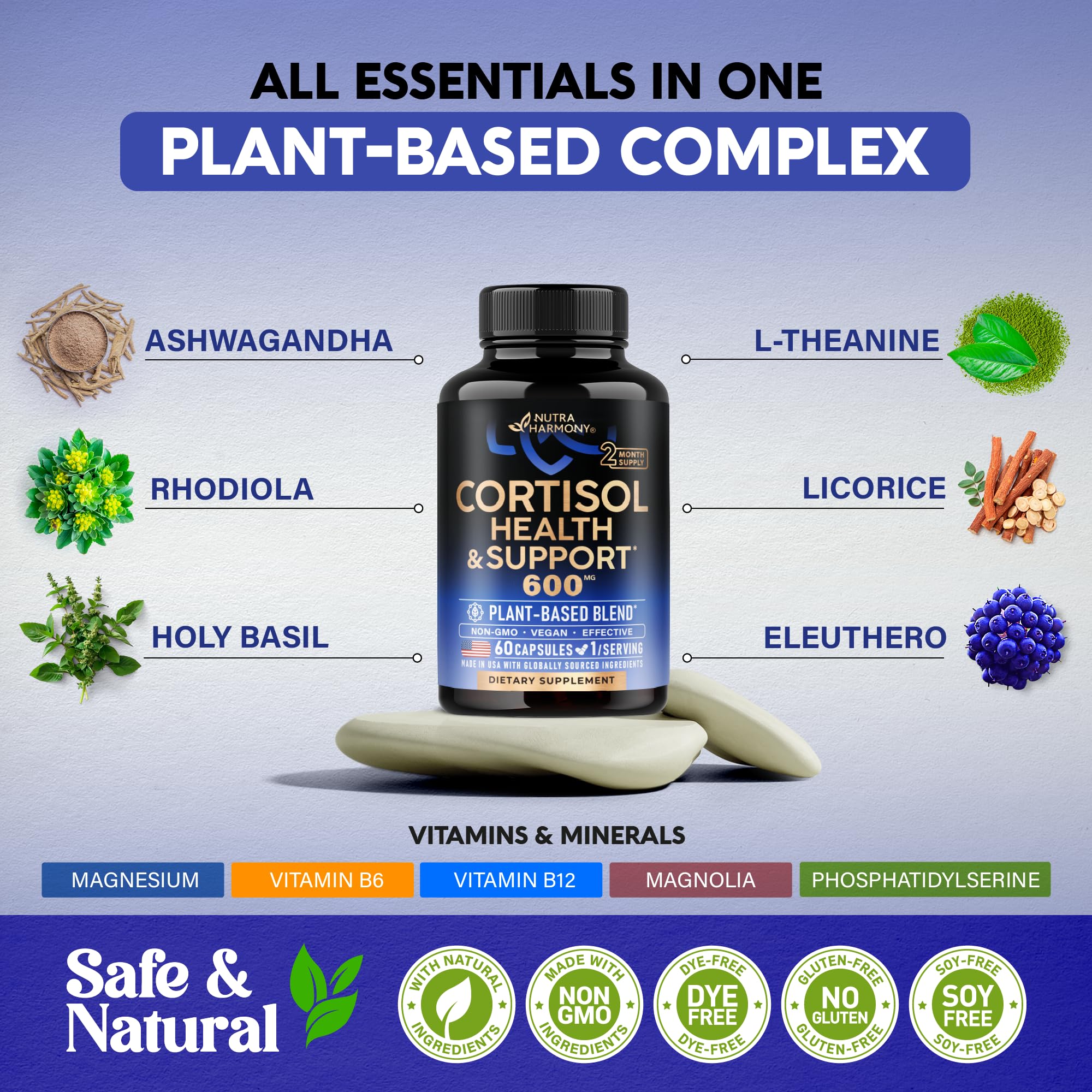 Cortisol Supplement for Women - Holy Basil | Ashwagandha | Rhodiola | L-Theanine - Plant-Based Hormone Balance - Mood, Focus & Sleep Support - Made in USA - Vegan, Non-GMO - 60 Capsules for 2 Months