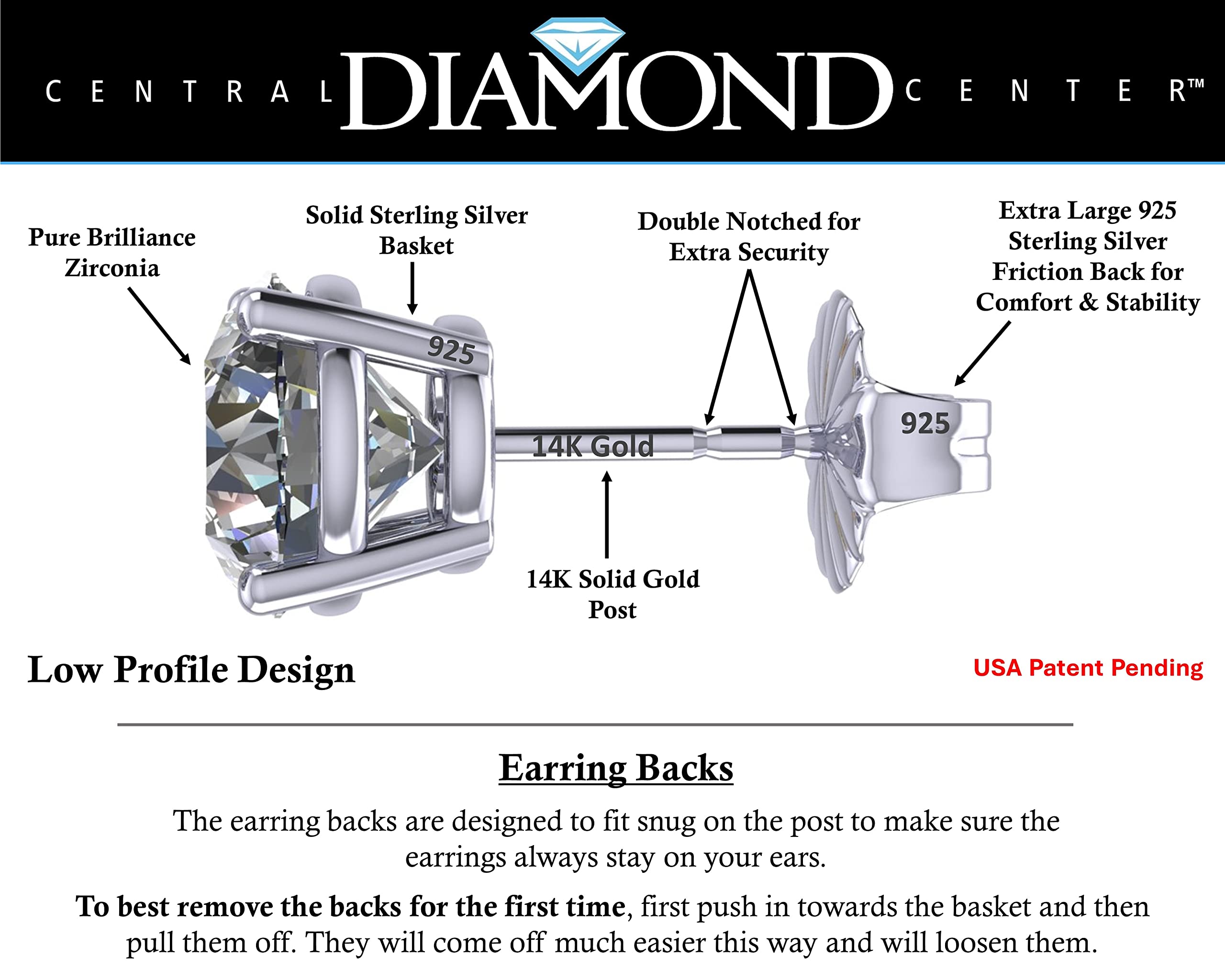 Central Diamond Center 14K Solid Gold Post & Sterling Silver 4 Prong CZ Stud Earrings - Platinum Plated - 8.00mm - 4.00cttw