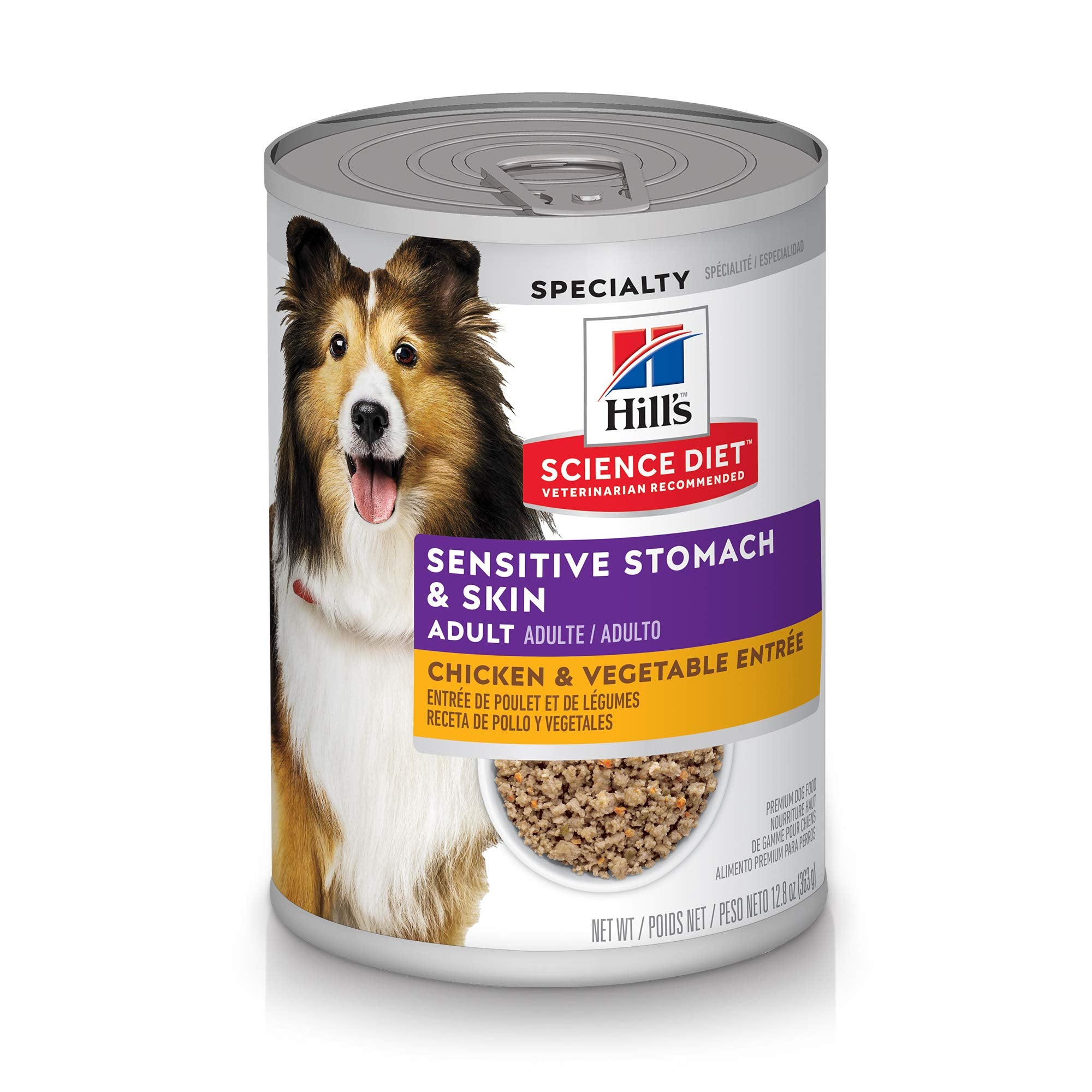 Hill's Science Diet Sensitive Stomach & Skin, Adult 1-6, Stomach & Skin Sensitivity Support, Wet Dog Food, Chicken & Vegetables Loaf, 12.8 oz Can, Case of 12