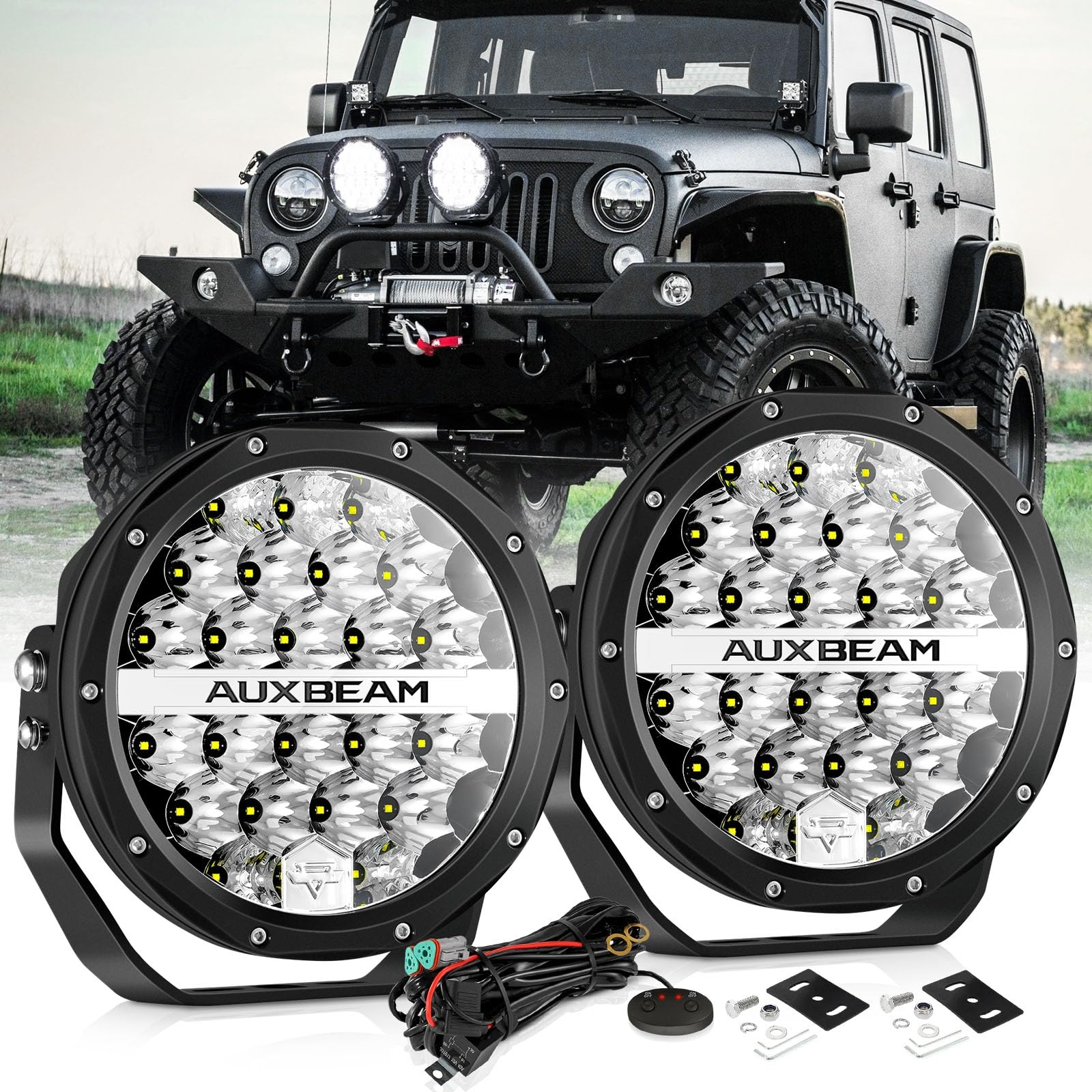Auxbeam Round LED Offroad Lights, 7 Inch 240W Spot Driving Light Pods with DRL 24000LM Super Bright Off Road Ditch Work Light Bar with DT Wiring Harness for Wrangler Ford Chevy Truck SUV