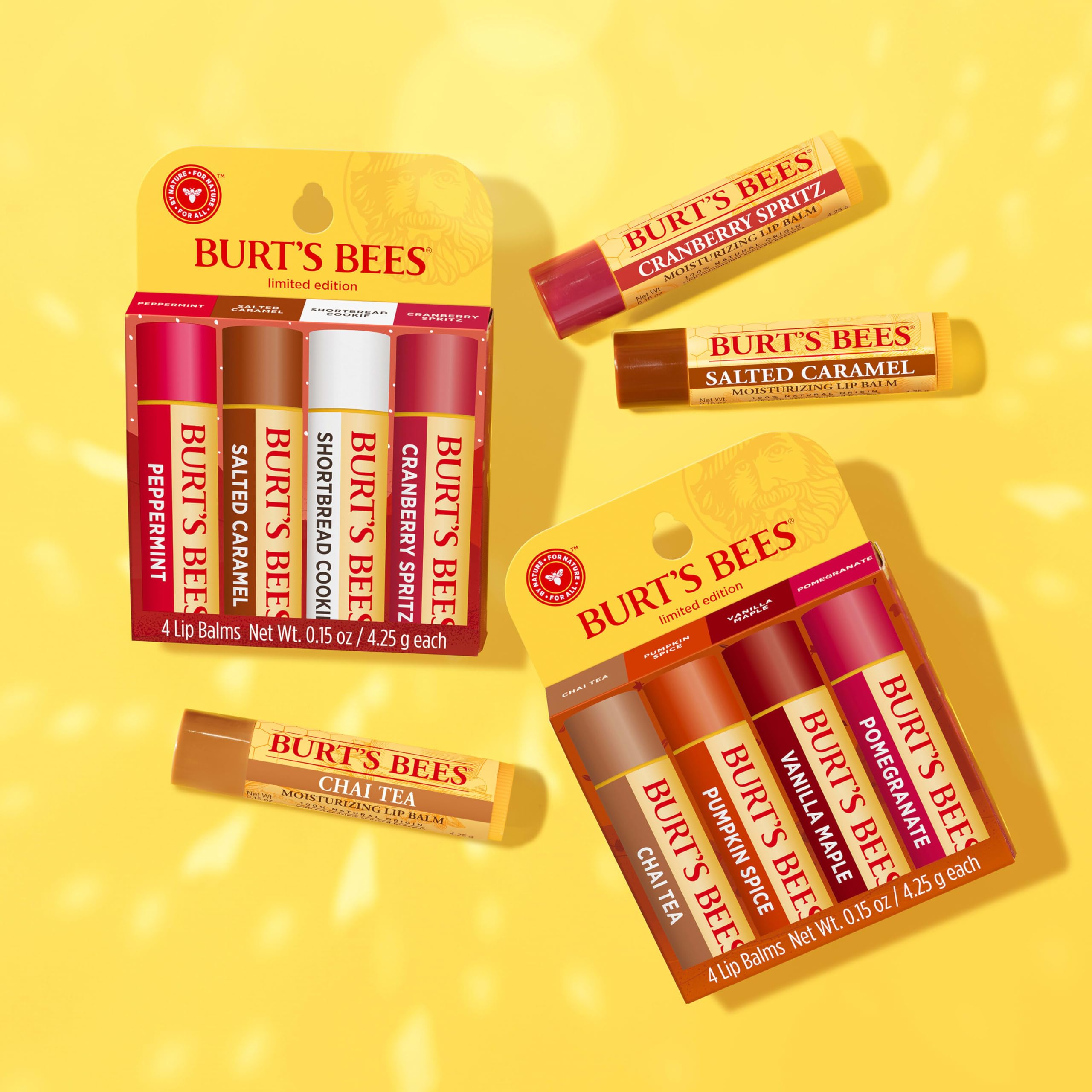 Burt's Bees Christmas Gifts, 4 Lip Balms Stocking Stuffers Products, Festive Fix Set - Peppermint, Salted Caramel, Cranberry Spritz & Shortbread Cookie (4-Pack)