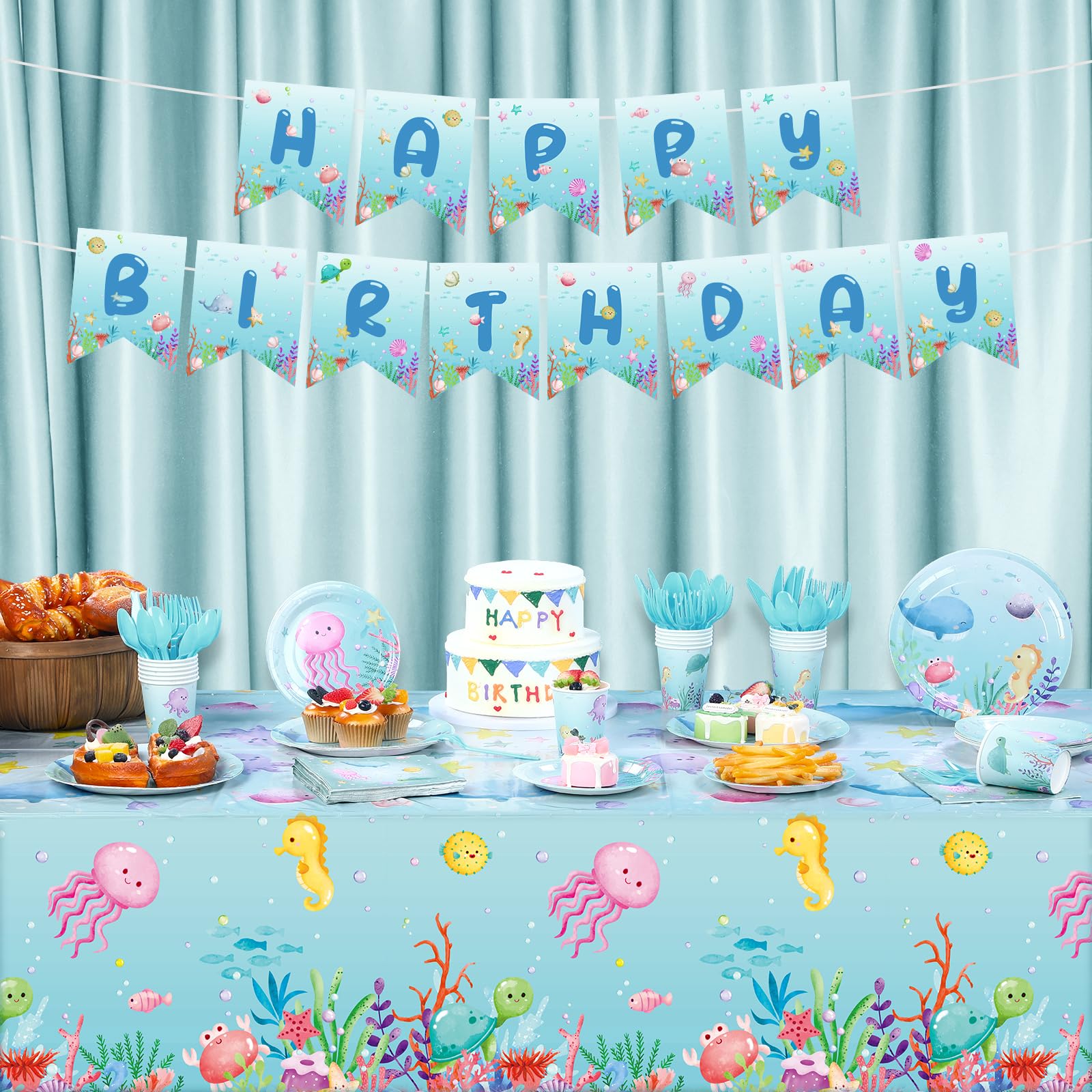 Capoda 172 Pieces Ocean Theme Birthday Party Decorations Underwater Party Supplies Tableware Set for 24 Include Plates Napkins Forks Spoons Knives Cups Banner Tablecloths for Kids Sea Life Birthday