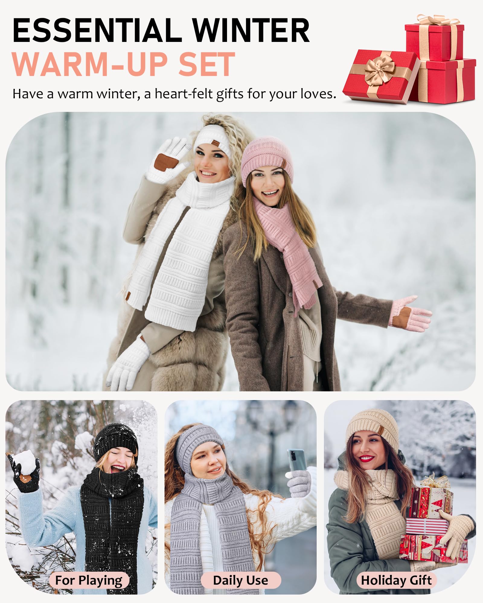 Womens Winter Beanie Hat Scarf Gloves Headband Set, Slouchy Beanie Ear Warmer with Fleece Lined Thick Knit Neck Scarf Touchscreen Gloves, 4 Piece Fashionable Warm Gift Set for Cold Weather(Oatmeal)