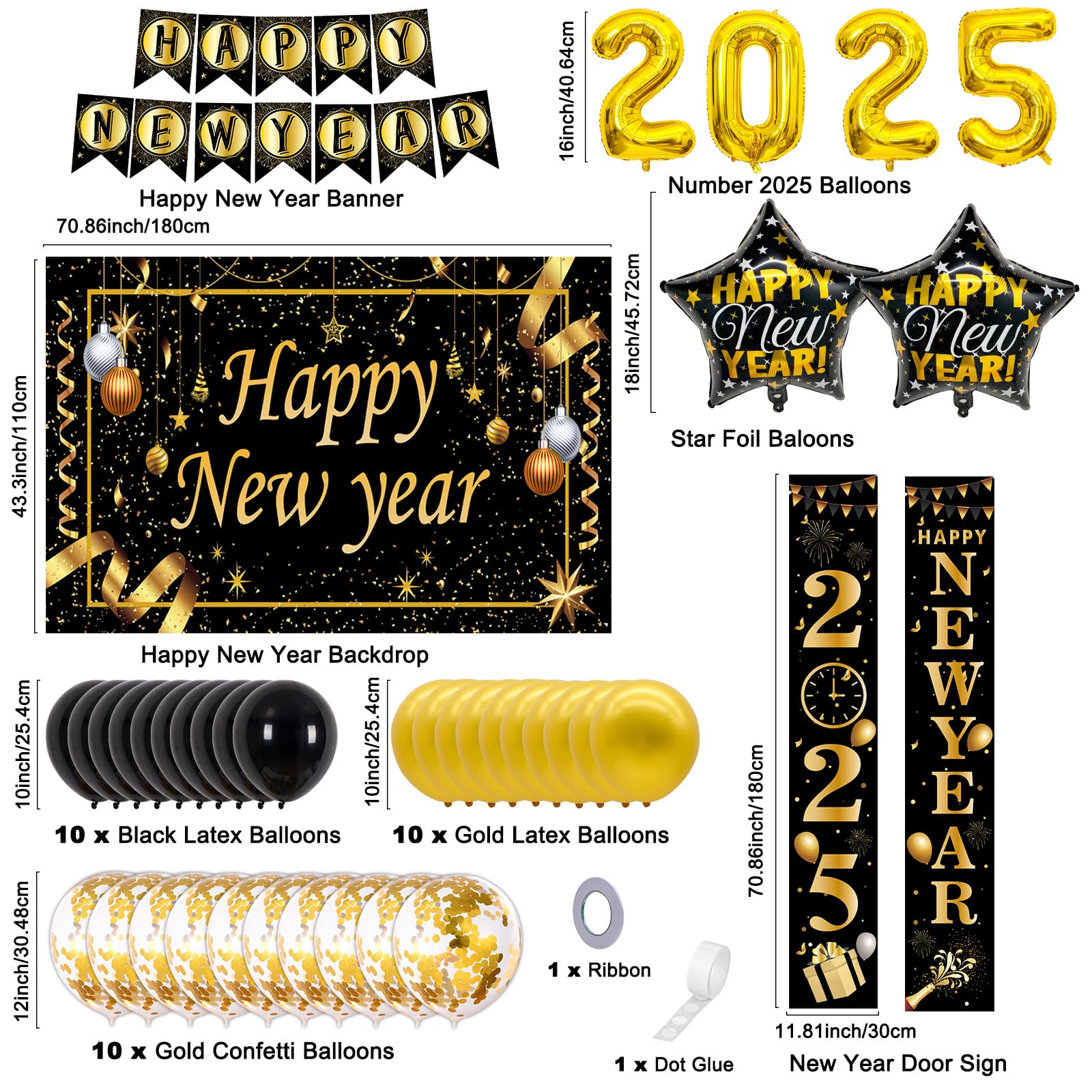 New Years Eve Party Supplies 2025, 40PCS Happy New Year Decorations Black Gold Happy New Years Banner Backdrop New Years Decorations 2025 Number Foil Confetti Balloons Door Banner NYE Decorations 2025