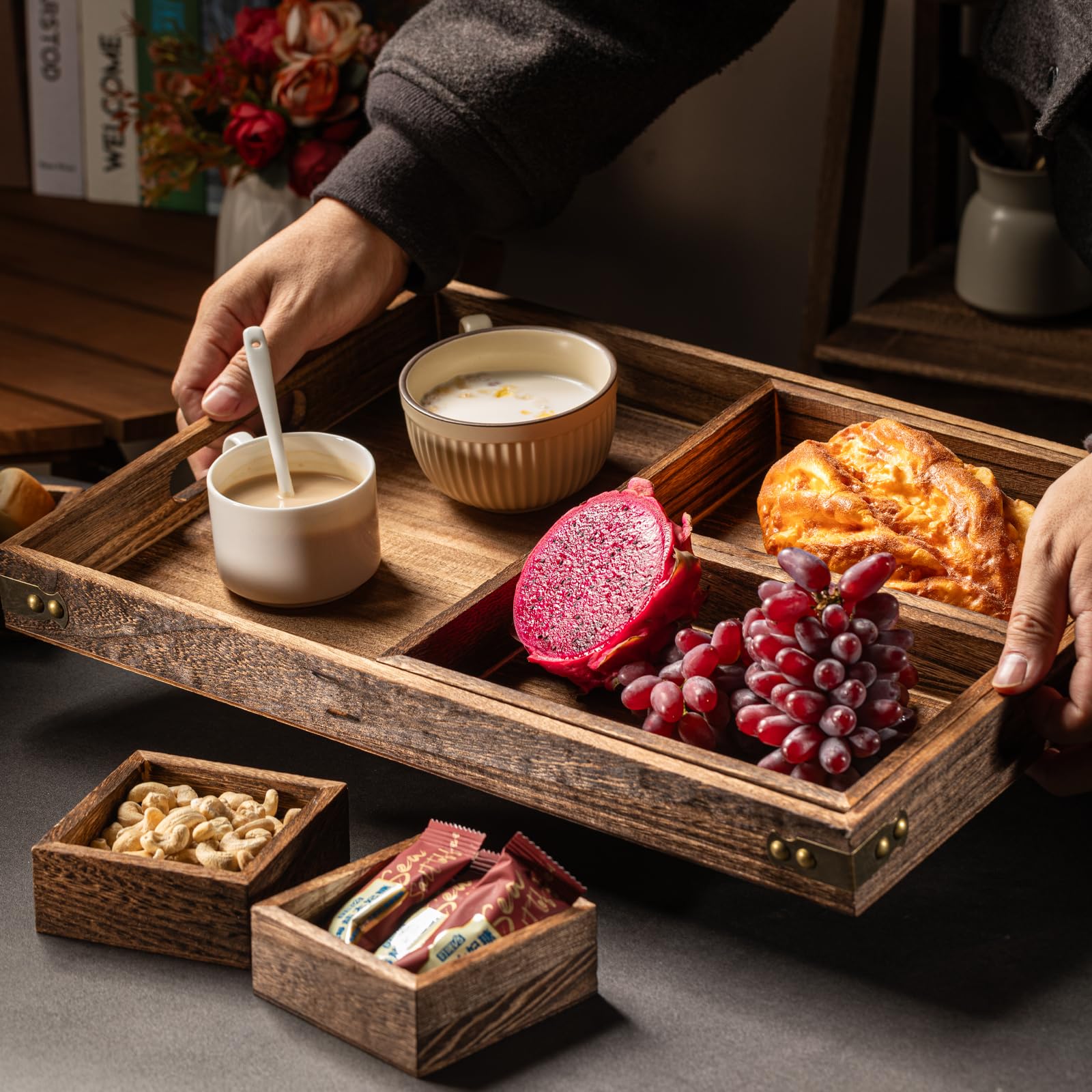 BSTNASI Wooden Serving Tray with Handle, Ottoman Tray for Living Room, Coffee Table Tray, Charcuterie Boards Large