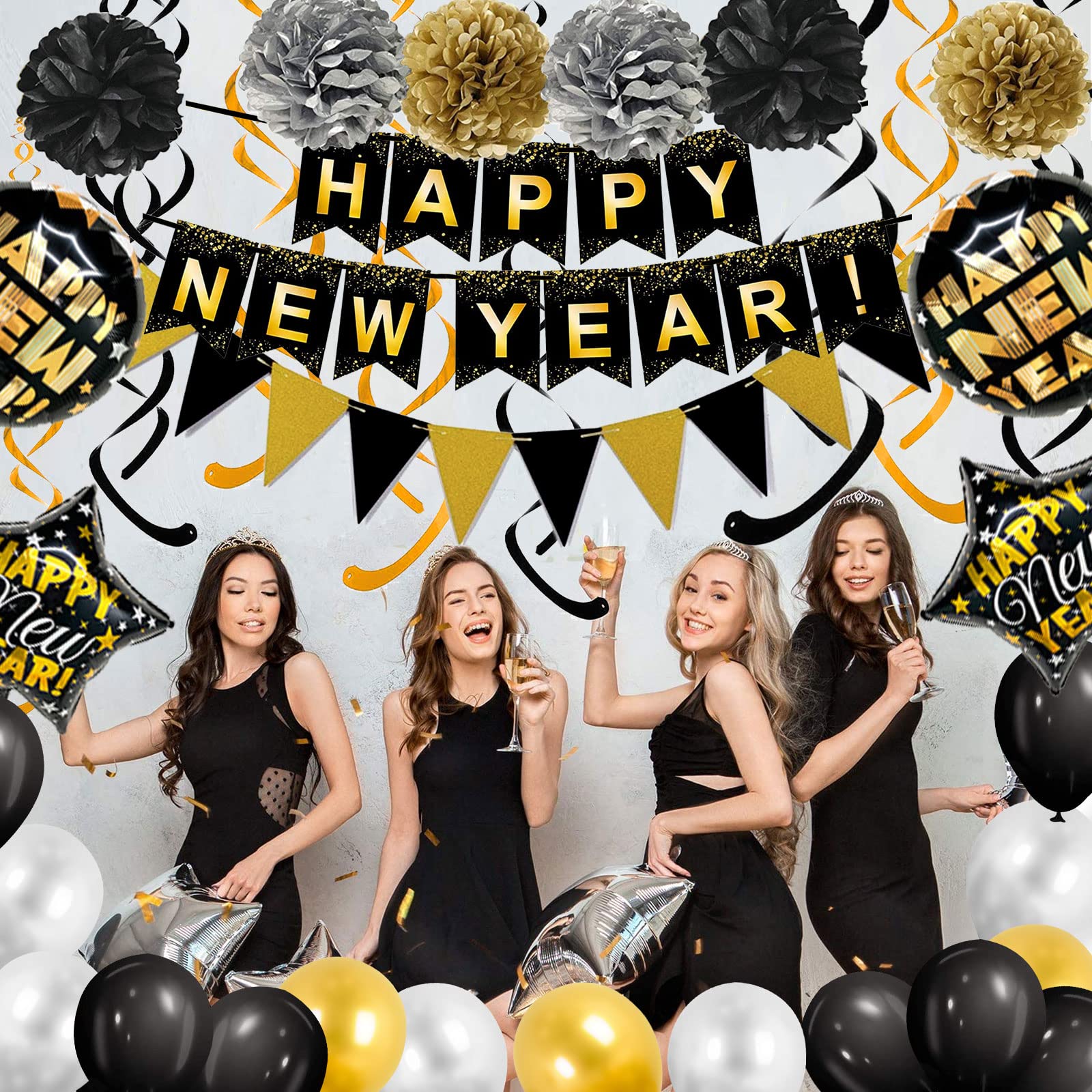 Black Happy New Year Banner Gold Black Paper Flag Bunting Swirl Streamers & Pom Poms Balloons for New year Party Decorations