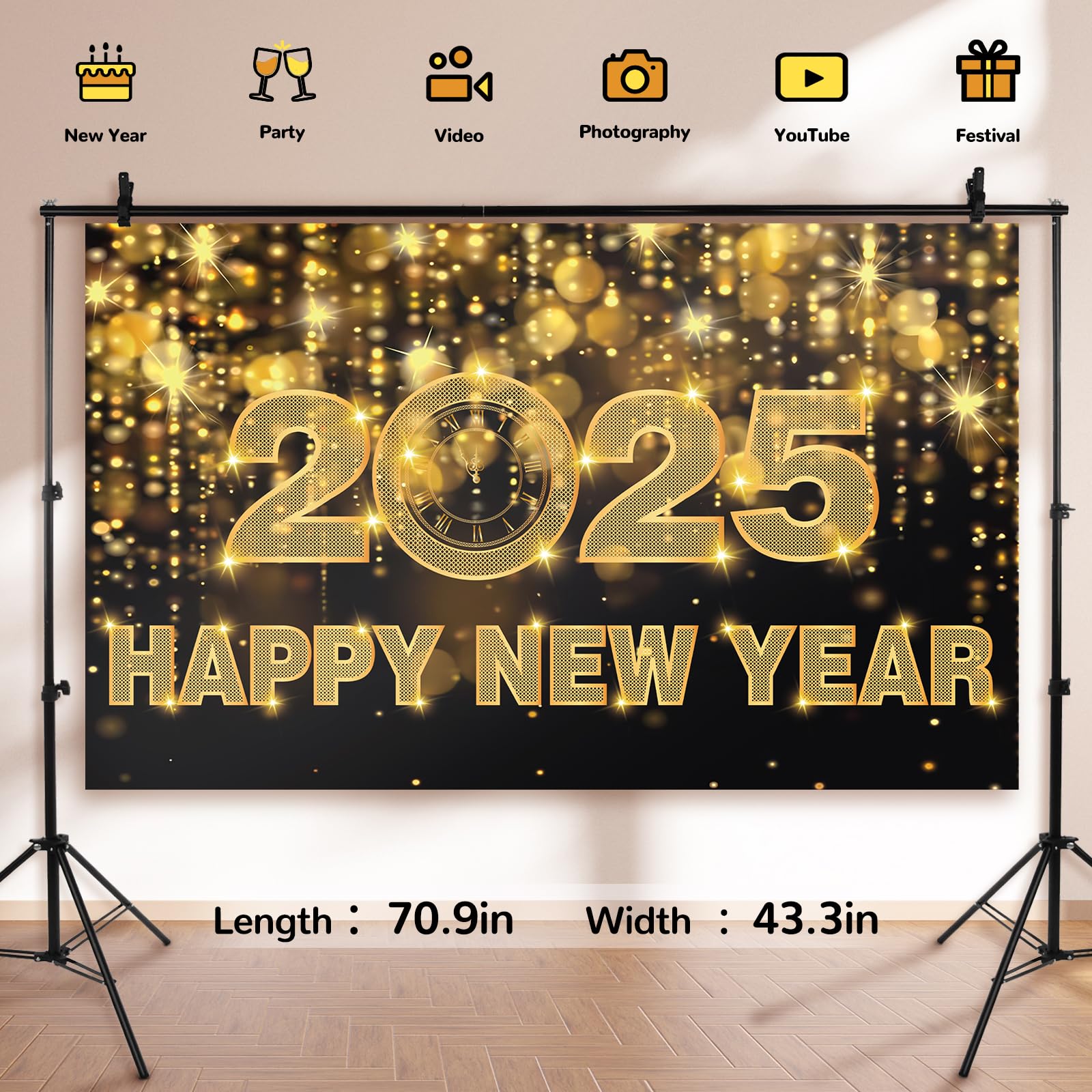 Happy New Year Decorations 2025, 70.8 * 45IN Happy New Year Banner 2025 Happy New Year Backdrop for Black and Gold New Years Eve Party Supplies 2025