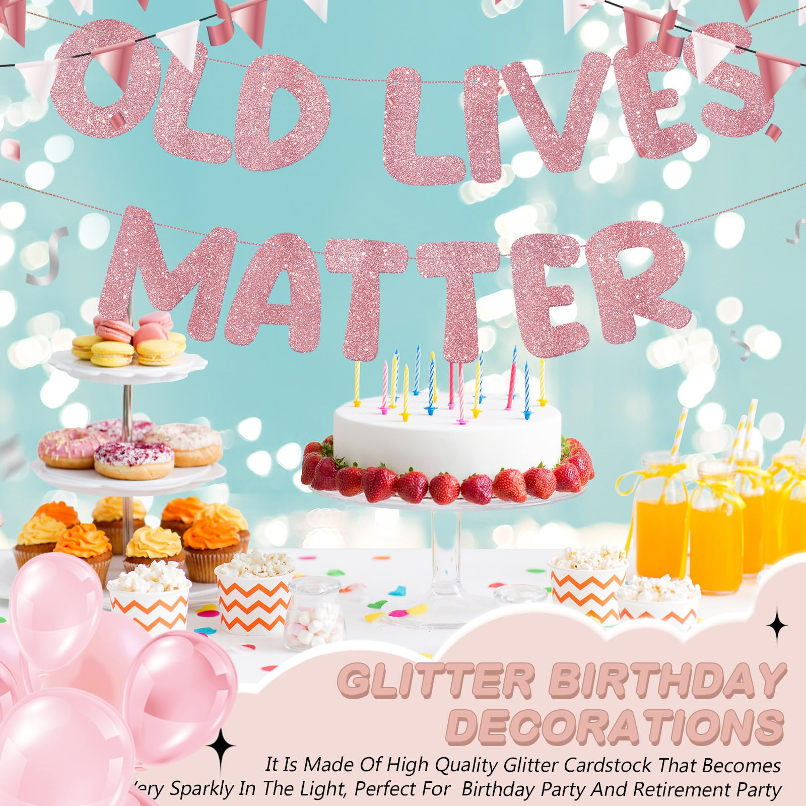 Fulmoon Pre Strung Old Lives Matter Banner 6.56 ft Funny Birthday Retirement Party Decorations 80th 70th 60th 50th Retirement Party Garland Bunting Decorations for Men Women (Glitter Rose Gold)