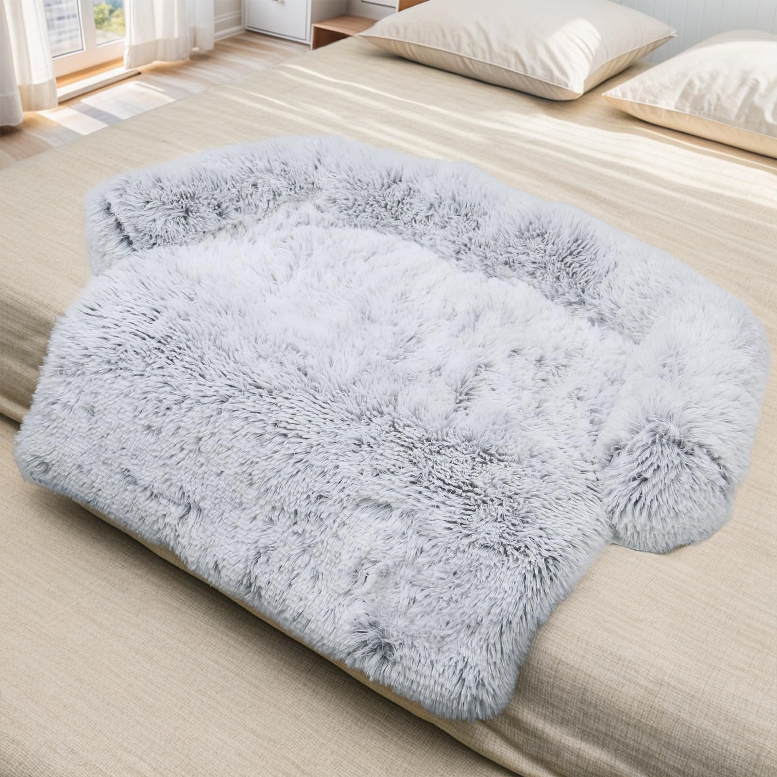 Calming Dog Bed Fluffy Plush Dog Mat for Furniture Protector with Removable Washable Cover for Large Medium Small Dogs and Cats (Large, Light Grey)