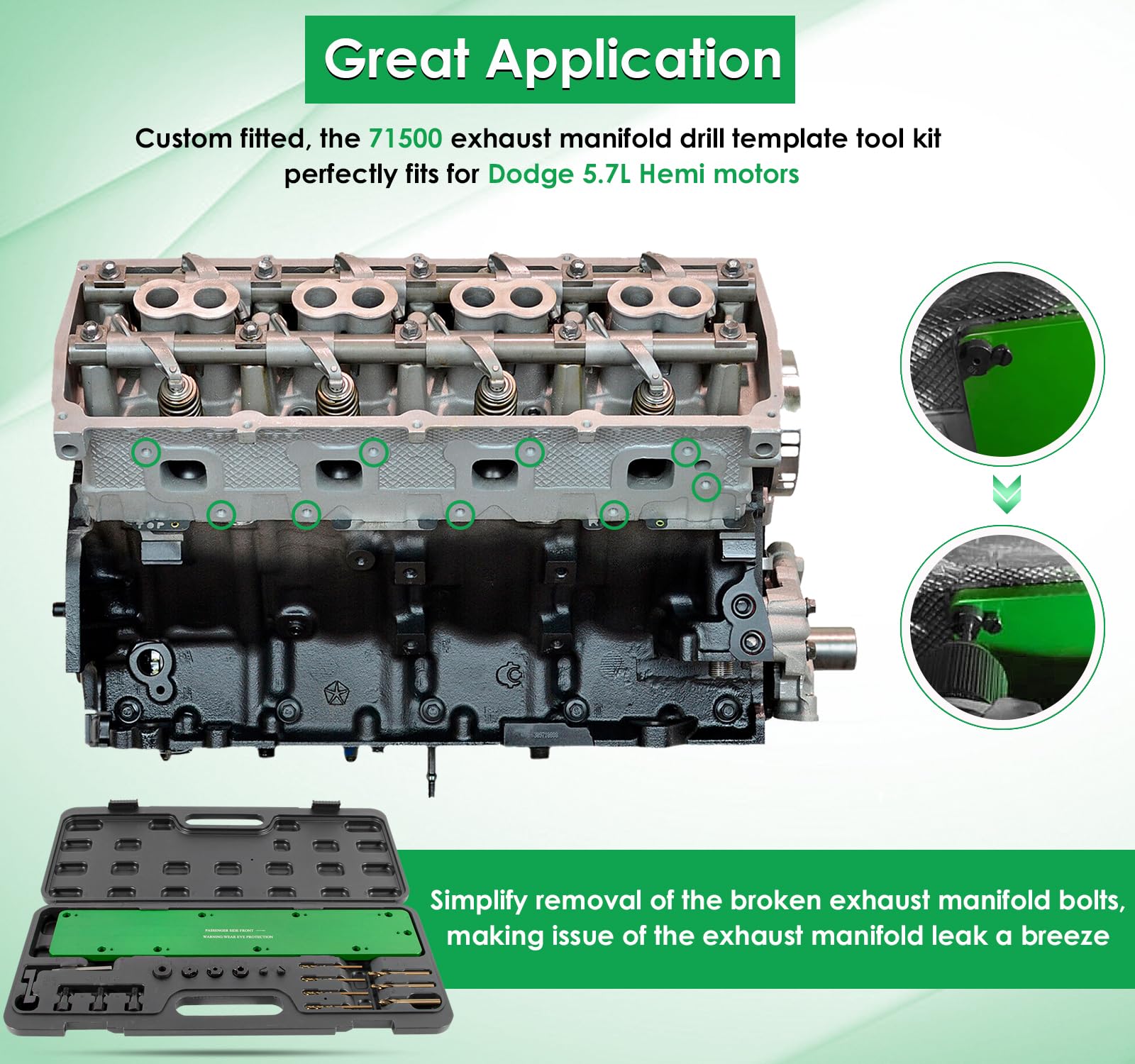 71500 Exhaust Manifold Bolt Stud Drill Template Removal Tool Set for Dodge 5.7L Hemi Motors, Remove Broken Exhaust Manifold Bolts Without Damage Cylinder Head