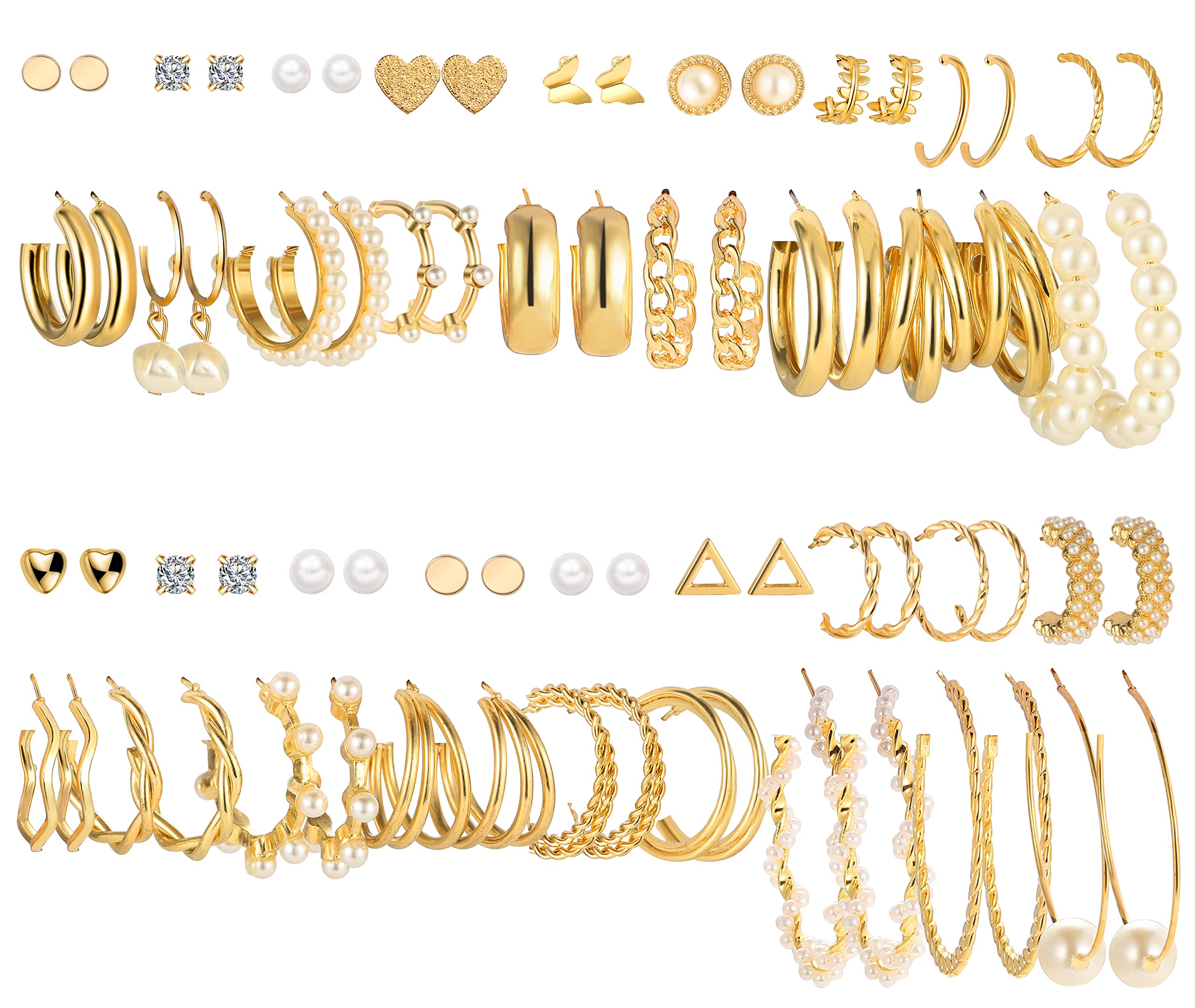 36 Pairs Gold Earrings Set for Women Girls, Fashion Pearl Chain Link Stud Drop Dangle Earrings Multipack Hoop Earring Packs, Hypoallergenic Earrings for Birthday Party Jewelry Gift