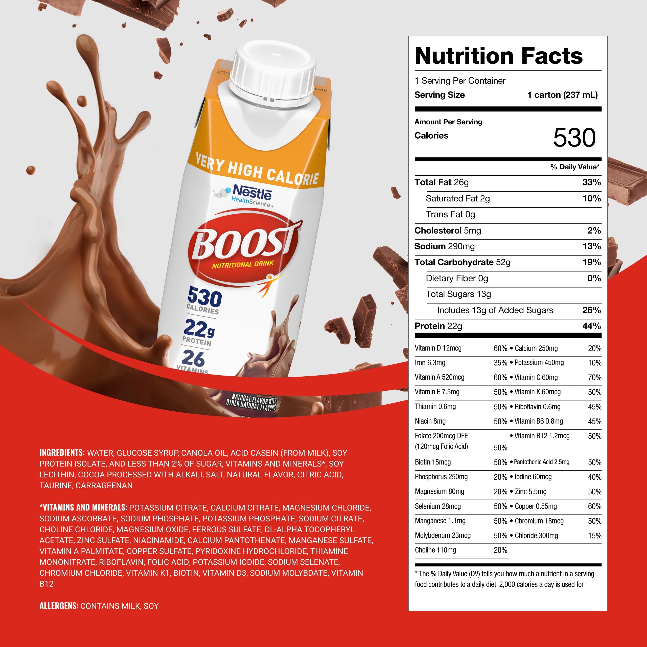 Boost Very High Calorie Chocolate Nutritional Drink – 22g Protein, 530 Nutrient Rich Calories, 8 Fl Oz (Pack of 24)