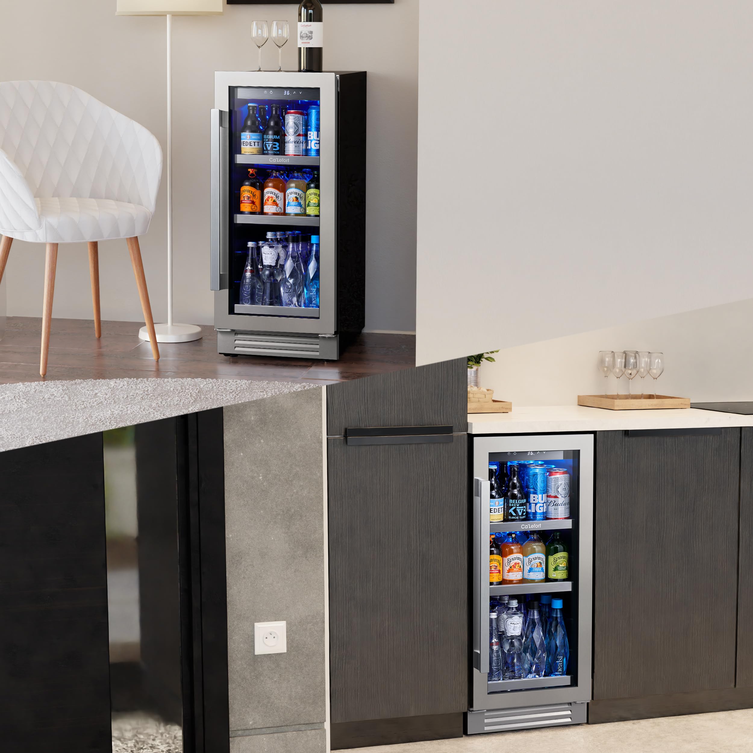 Ca'Lefort 15 Inch Beverage Refrigerator - 80 Can Small Beverage Fridge, Drink Fridge Glass Door 3 LED 34°F -54°F Beverage Cooler Built-in or Freestanding, Perfect for Home/Kitchen(3.0 cu.ft)