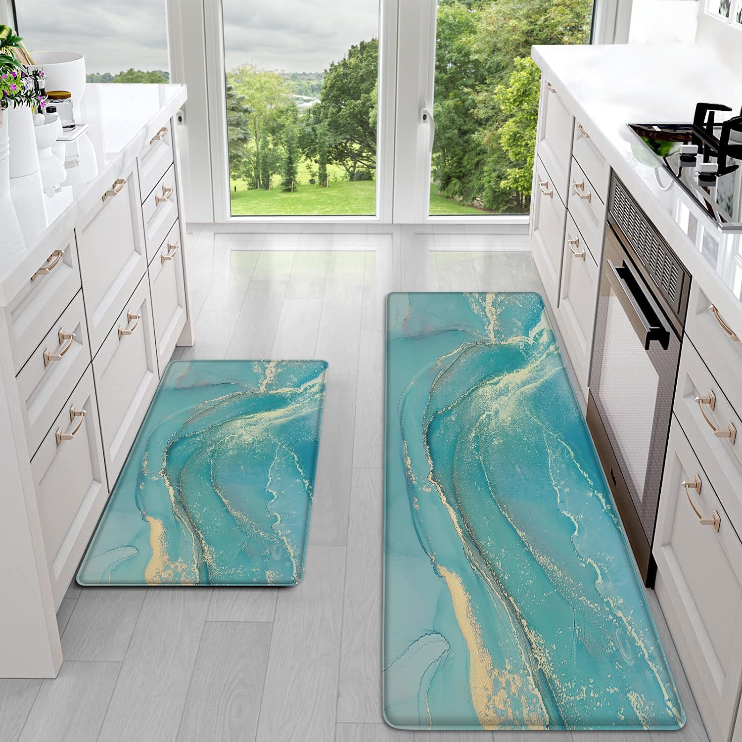 Sofort Anti Fatigue Kitchen Mats for Floor 2 Piece Set, Cushioned Memory Foam Kitchen Rug, Non Slip Waterproof Teal Marble Kitchen Mat, Comfort Standing Mats for Kitchen, Laundry, Office, Sink