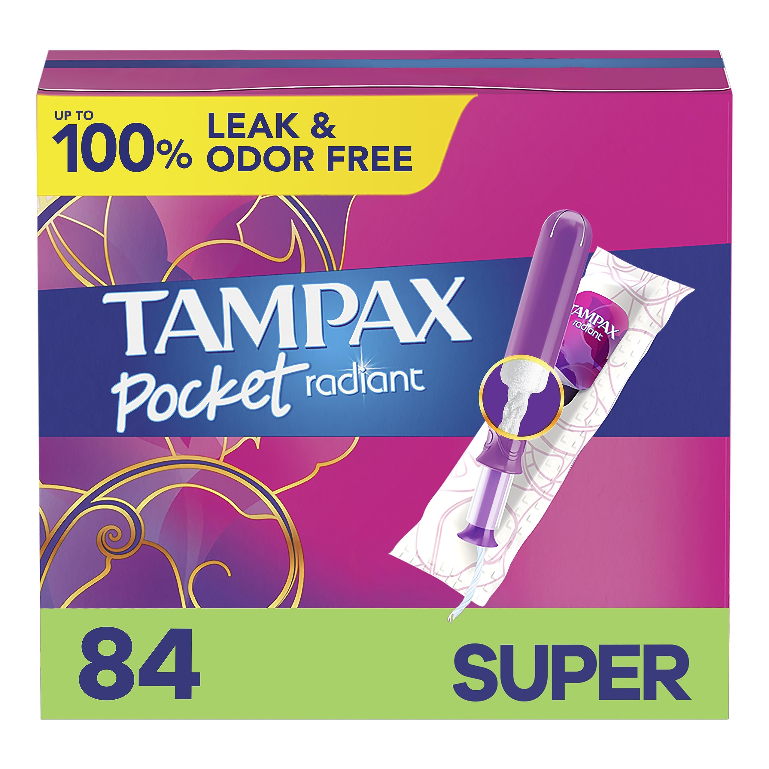 Tampax Pocket Radiant Compact Plastic Tampons, with LeakGuard Braid, Super Absorbency, Unscented, 28 Count