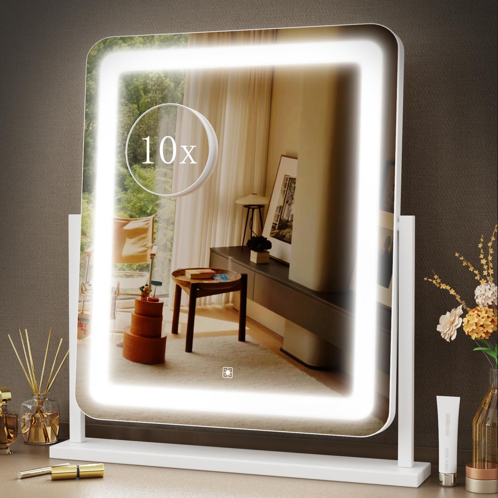 Gvnkvn Makeup Vanity Mirror with Lights 15.2" Large LED Lighted Mirror, Hollywood Make Up Mirror with Lighting for Bedroom Tabletop, Smart Touch,Detachable 10X Magnification 360° Rotation, (White)