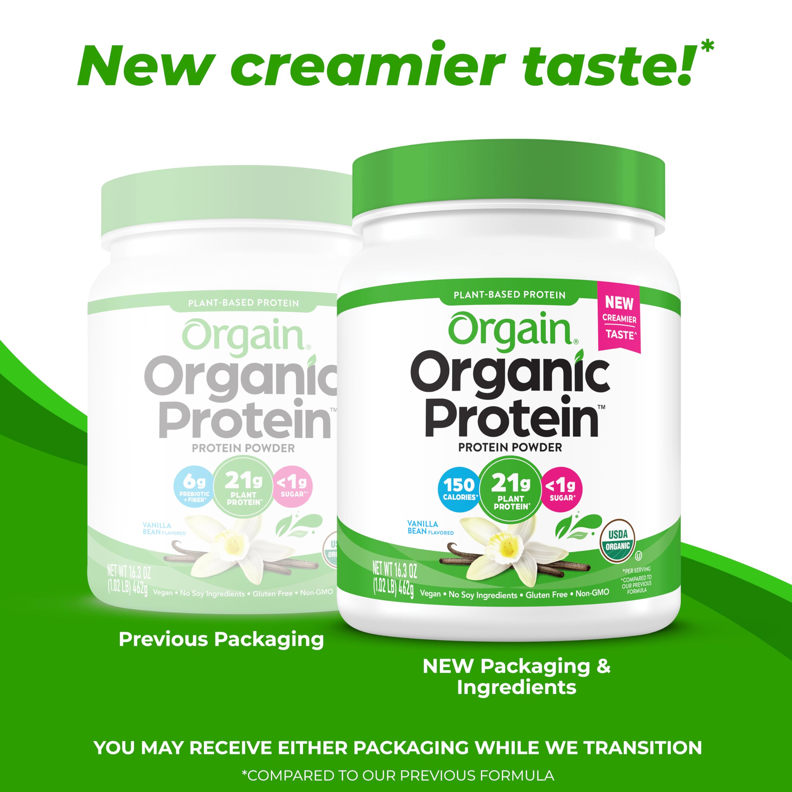 Orgain Organic Vegan Protein Powder, Vanilla Bean - 21g Plant Based Protein, 4g Prebiotic Fiber, No Lactose Ingredients, No Added Sugar, Non-GMO, For Shakes & Smoothies, 1.02 lb (Packaging May Vary)