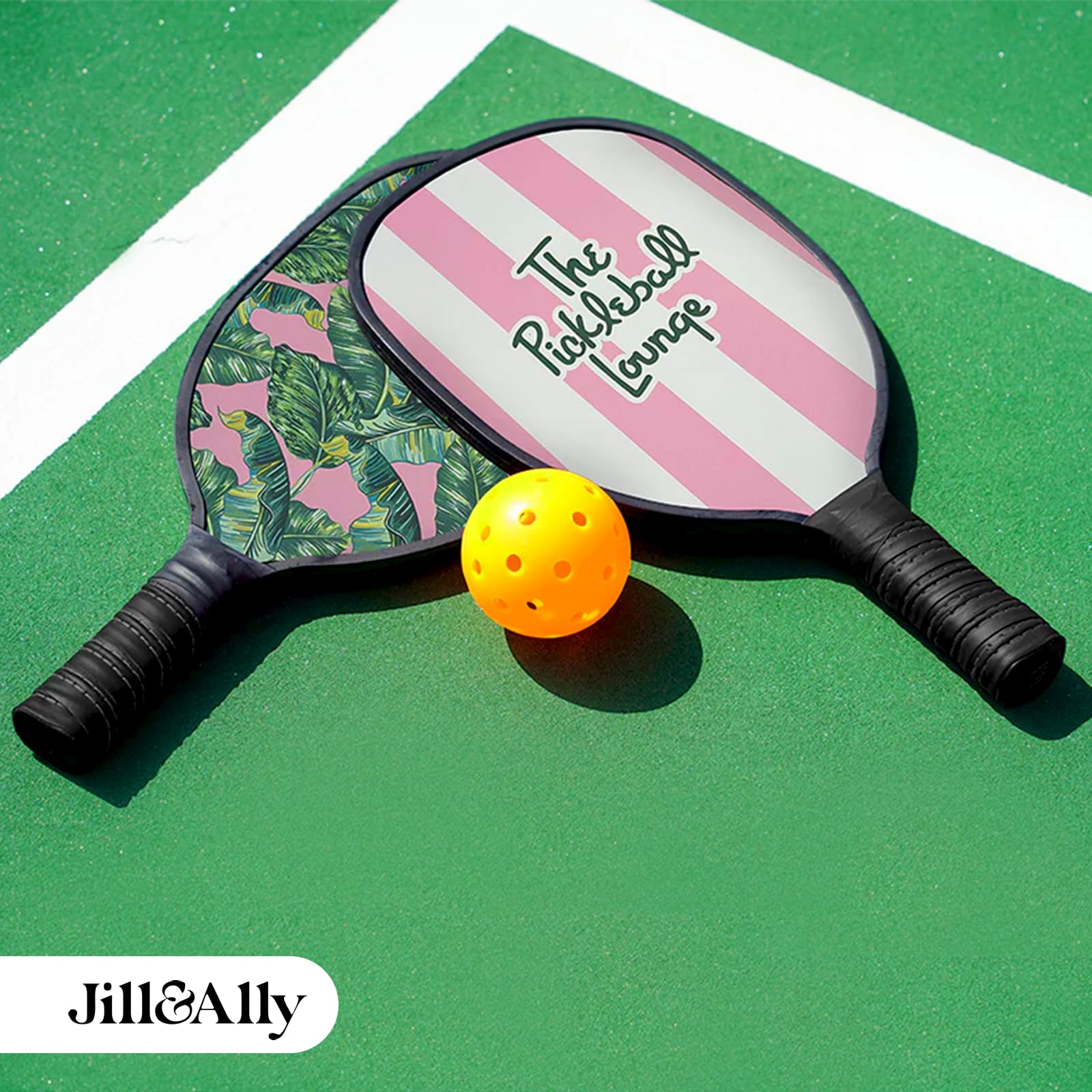 Jill & Ally Lounge Pink Pickleball Paddle, Carbon Fiber Materials, 16.5” x 7.5", Extra Long Handle, Vegan Leather PU Grip, Unique Edge Guard All Skill Levels