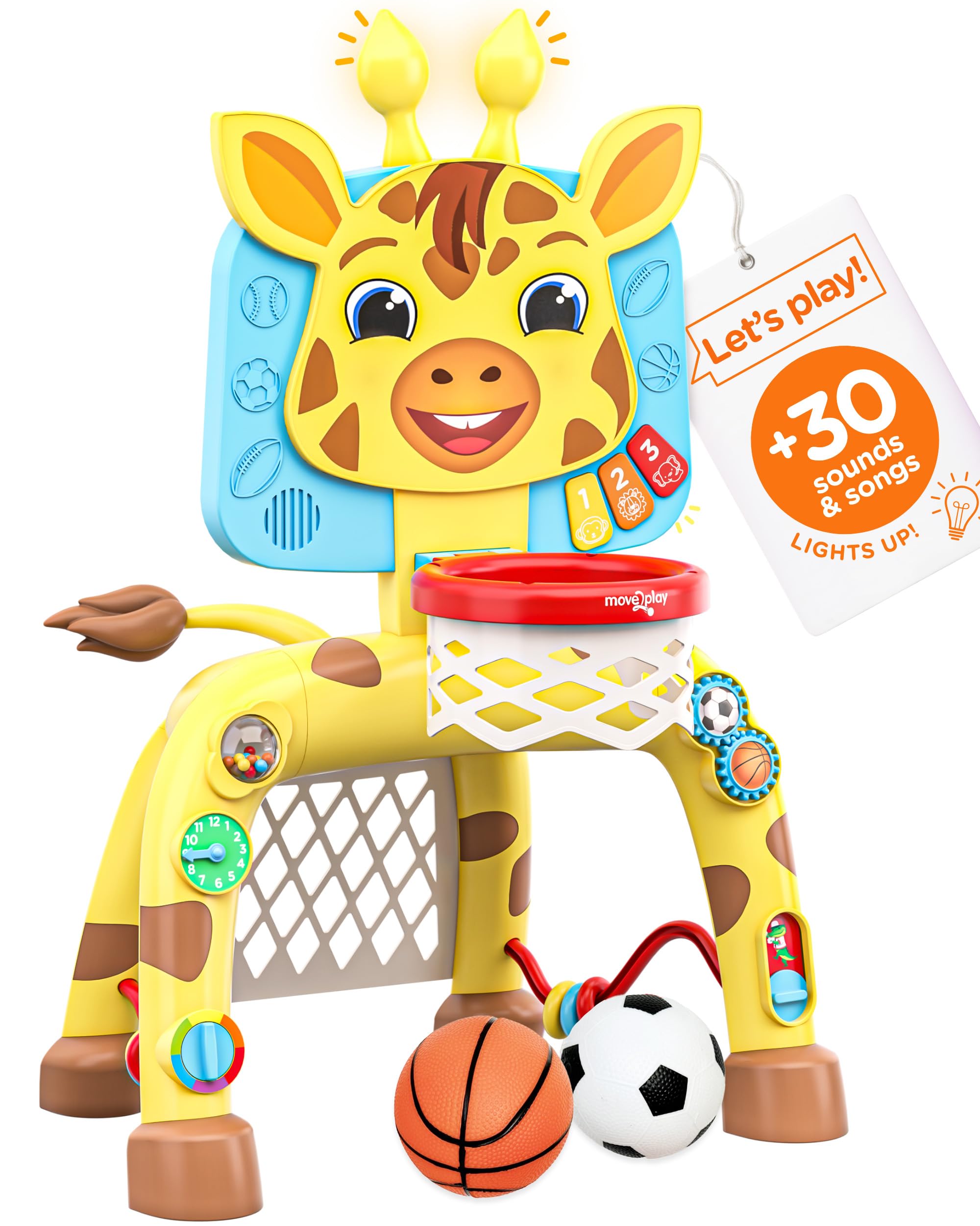 Move2Play, Giraffe Basketball Hoop & Soccer Goal Activity Center | 30+ Sounds & Lights | 1, 2, 3+ Year Old Christmas Gift & Birthday Present | 6, 12, 18, 24+ Month Toy For Baby, Toddler, Boys, & Girls