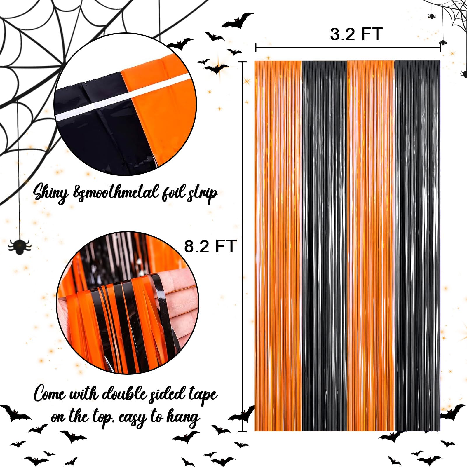 2 Packs 3ft x 8.4ft Orange Black Metallic Tinsel Foil Fringe Curtains Photo Booth Props for Halloween Birthday Bridal Shower Baby Shower Bachelorette Holiday Celebration Party Decorations