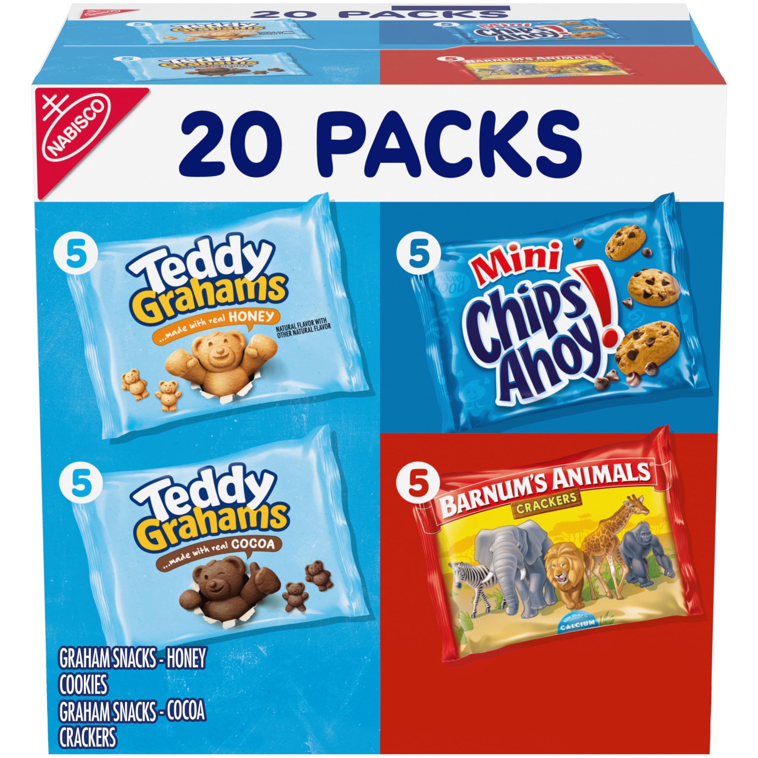 Nabisco Fun Shapes Variety Pack, Barnum's Animal Crackers, Teddy Grahams and CHIPS AHOY! Cookies, 20 Snack Packs