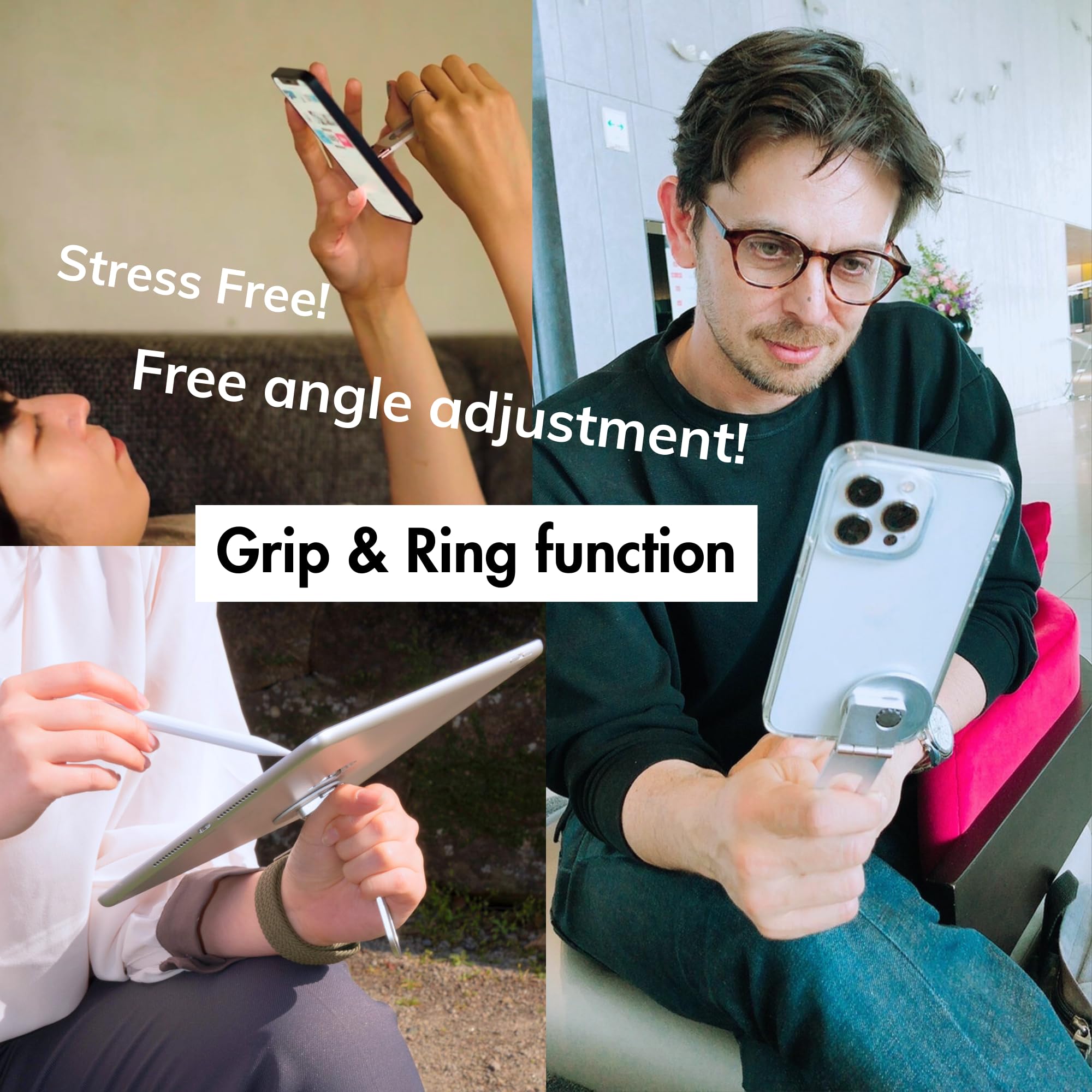 Pep Bar Cell Phone Stand Compatible with MagSafe® Charger 360° Rotation 180°flip Metal Foldable Compact Selfie Stick Grip Ring iPhone Android iPad Tablet (Matte White Sliver) Made in Japan