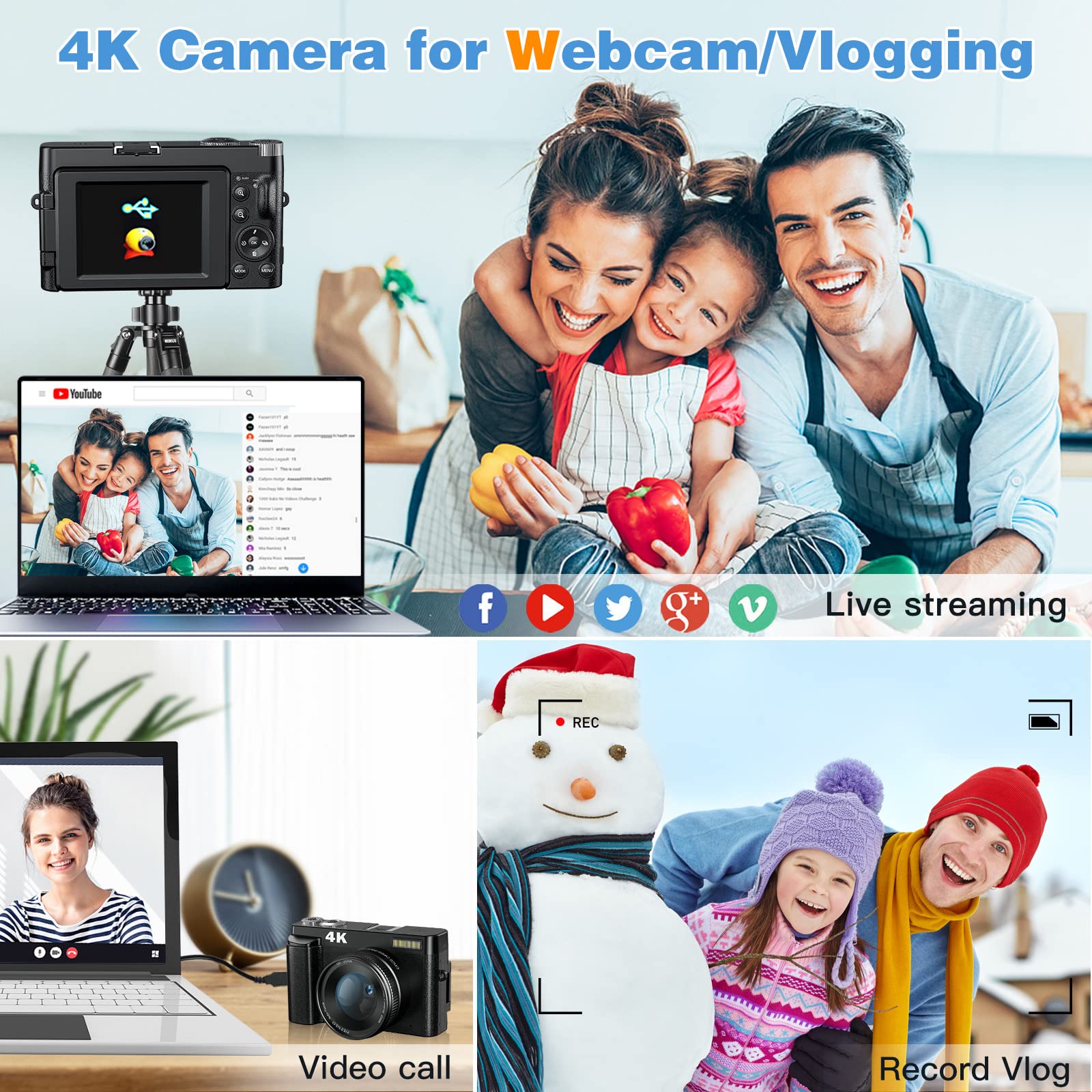 4K Digital Camera for Photography and Video Autofocus Anti-Shake, 48MP Vlogging Camera with SD Card, 3'' 180° Flip Screen Compact Camera with Flash, 16X Digital Zoom Travel Camera (2 Batteries)