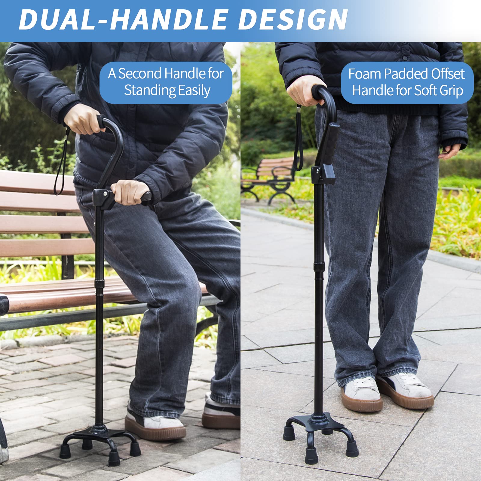 Adjustable Walking Cane for Men & Women with 4-Pronged Base for Extra Stability - Foldable Cane for Seniors with Foam Padded Offset Handle for Soft Grip & a Second Handle for Standing Black