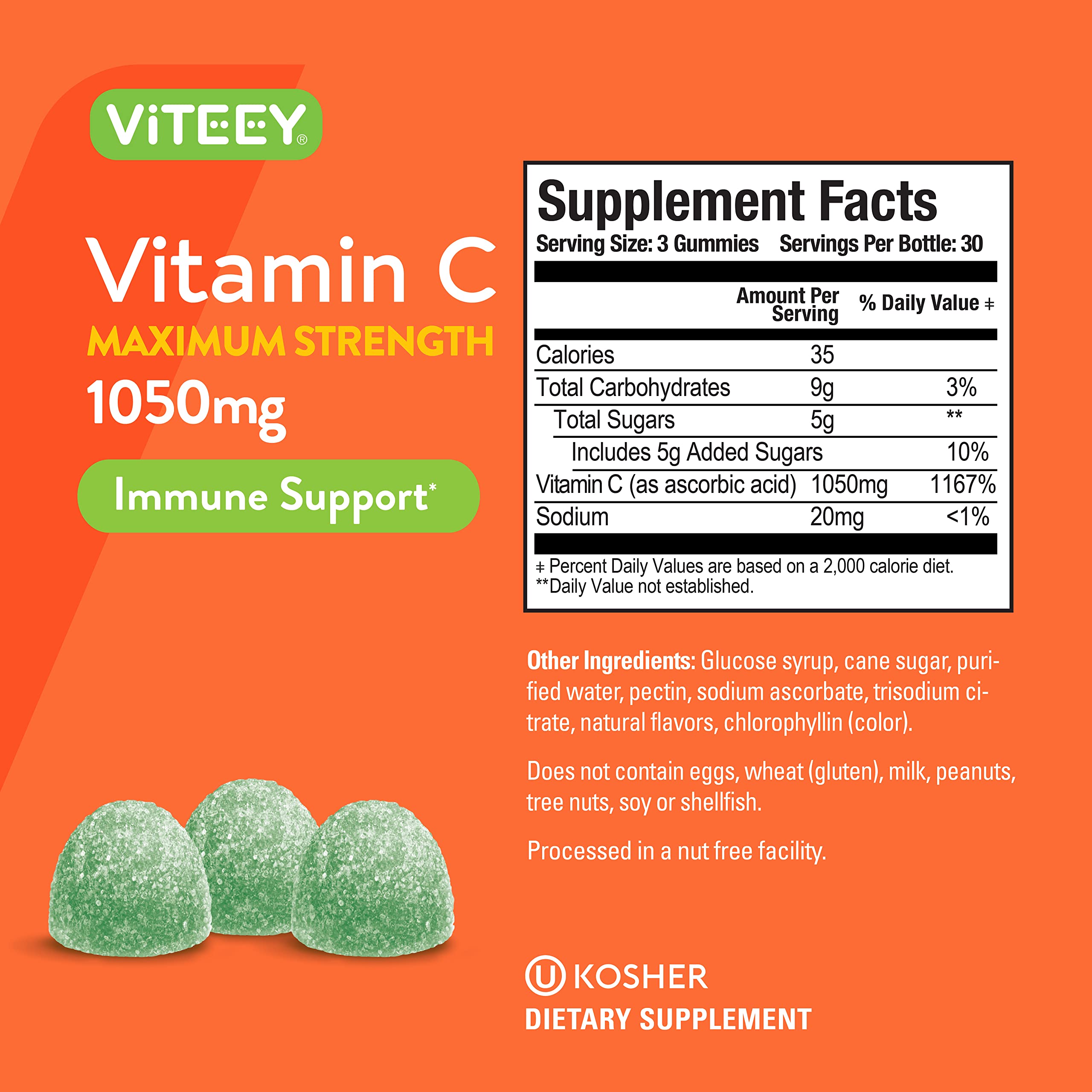 Vitamin C Gummies for Adults & Teens, 1050mg Maximum Strength - Immune Support Gummies - Immune Booster - Vegan, Gelatin Free-Tasty Vitamin C Chewable Sour Apple Flavored Gummy-90 Count (Pack of 2)