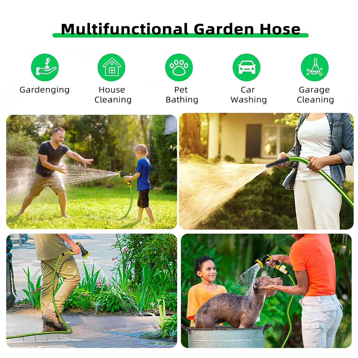 Garden Hose 50 ft x 5/8 in Heavy Duty-Flexible&Lightweight Outdoor Water Hose with 10 Pattern Spray Nozzle,Burst 600psi,Kink-less Hybrid Rubber Car Washing Pipe Hoses for Backyard,3/4''Brass Fittings