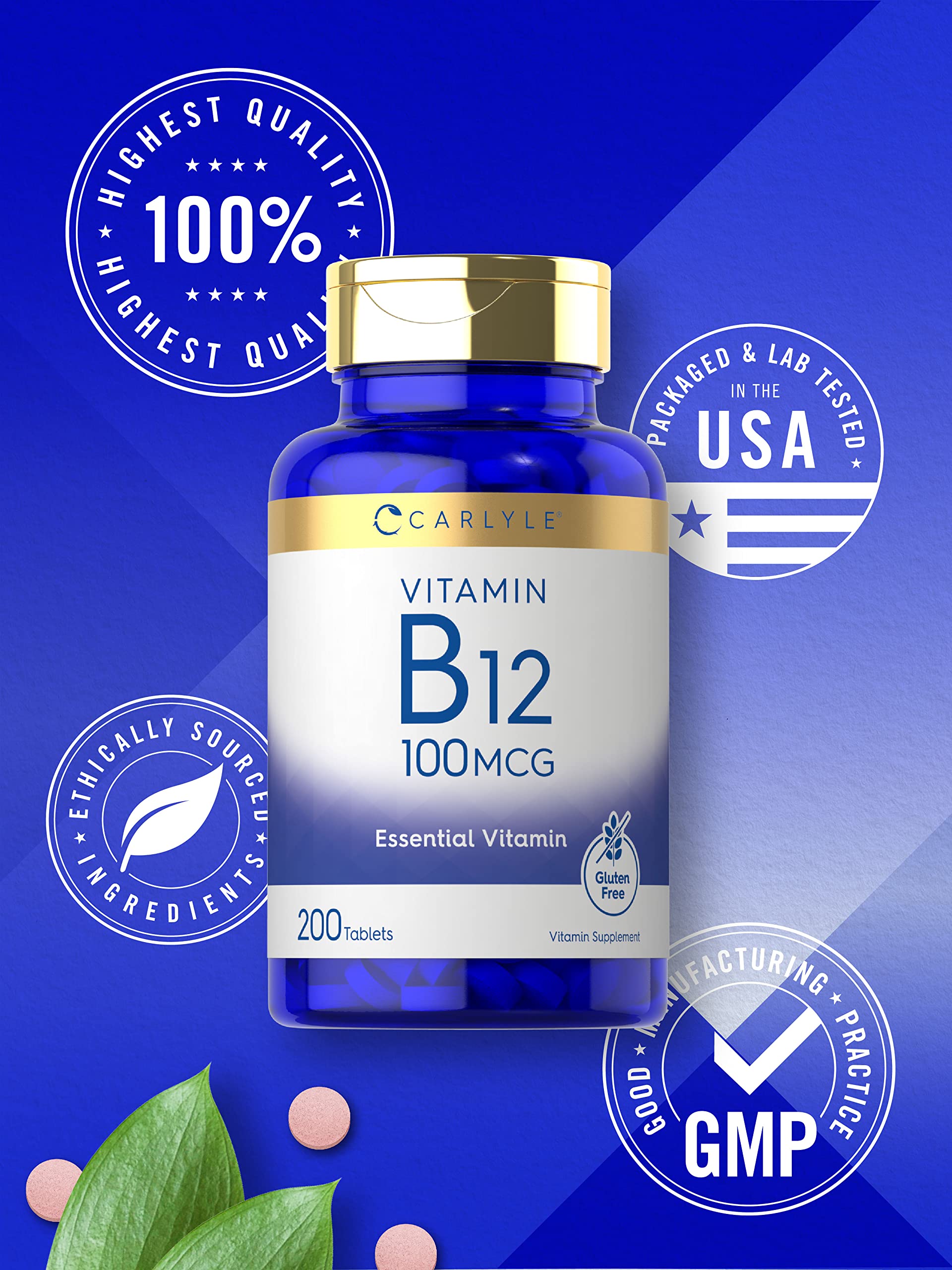 Carlyle Vitamin B12 100mcg | 200 Tablets | Essential Vitamin Supplement | Vegan, Non-GMO, and Gluten Free Formula