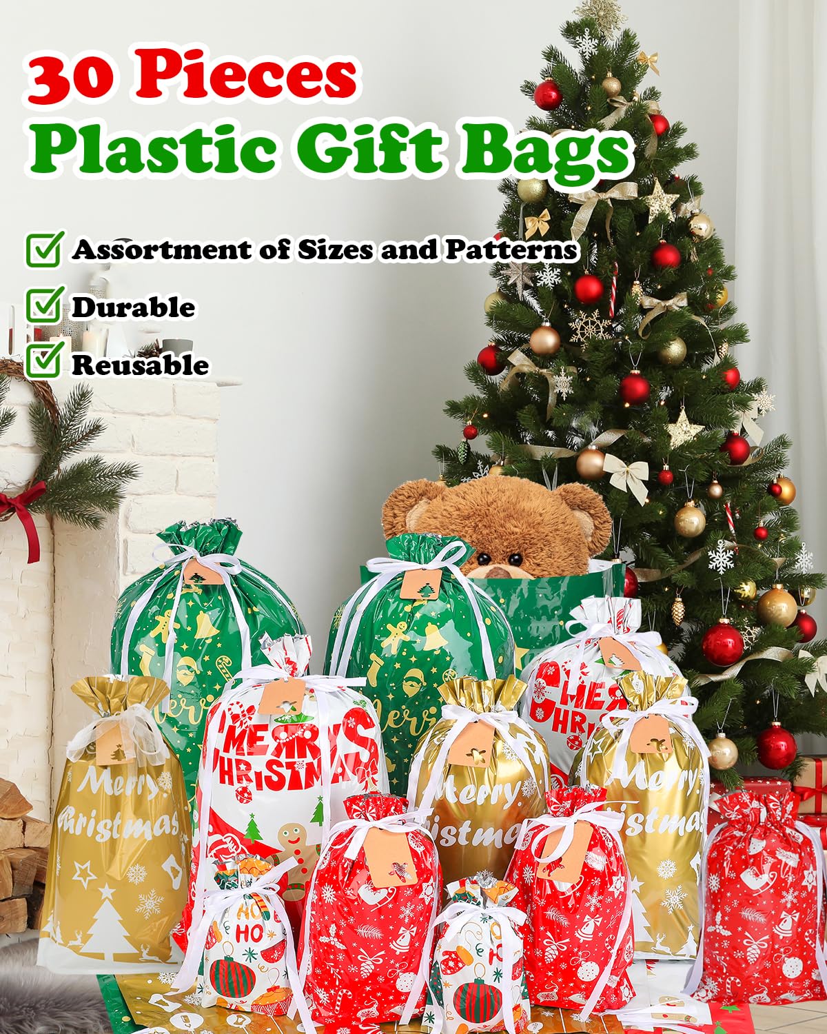 Christmas Gift Bags, 30pcs Christmas Bags for Gifts, Drawstring Christmas Gift Bags Assorted Sizes-Large, Medium, Small, Christmas Wrapping Paper Reusable Plastic Christmas Bags Bulk, Holiday Gift Bag