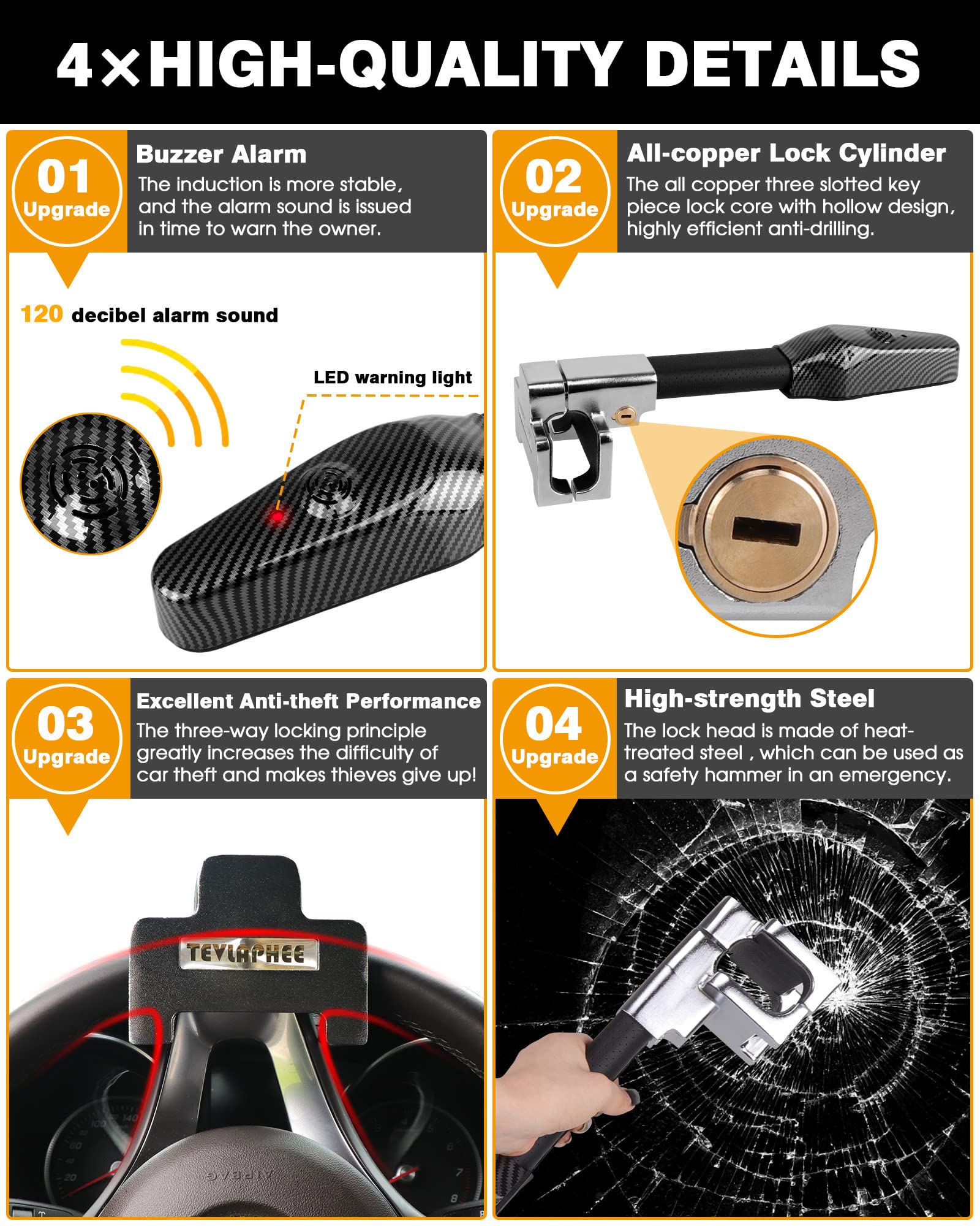 Tevlaphee Steering Wheel Lock with Alarm,Heavy Duty Anti-Theft Car Device Car Lock Car Theft Prevention Universal Fit for Vehicle Truck Van SUV Car Security with 2 Keys