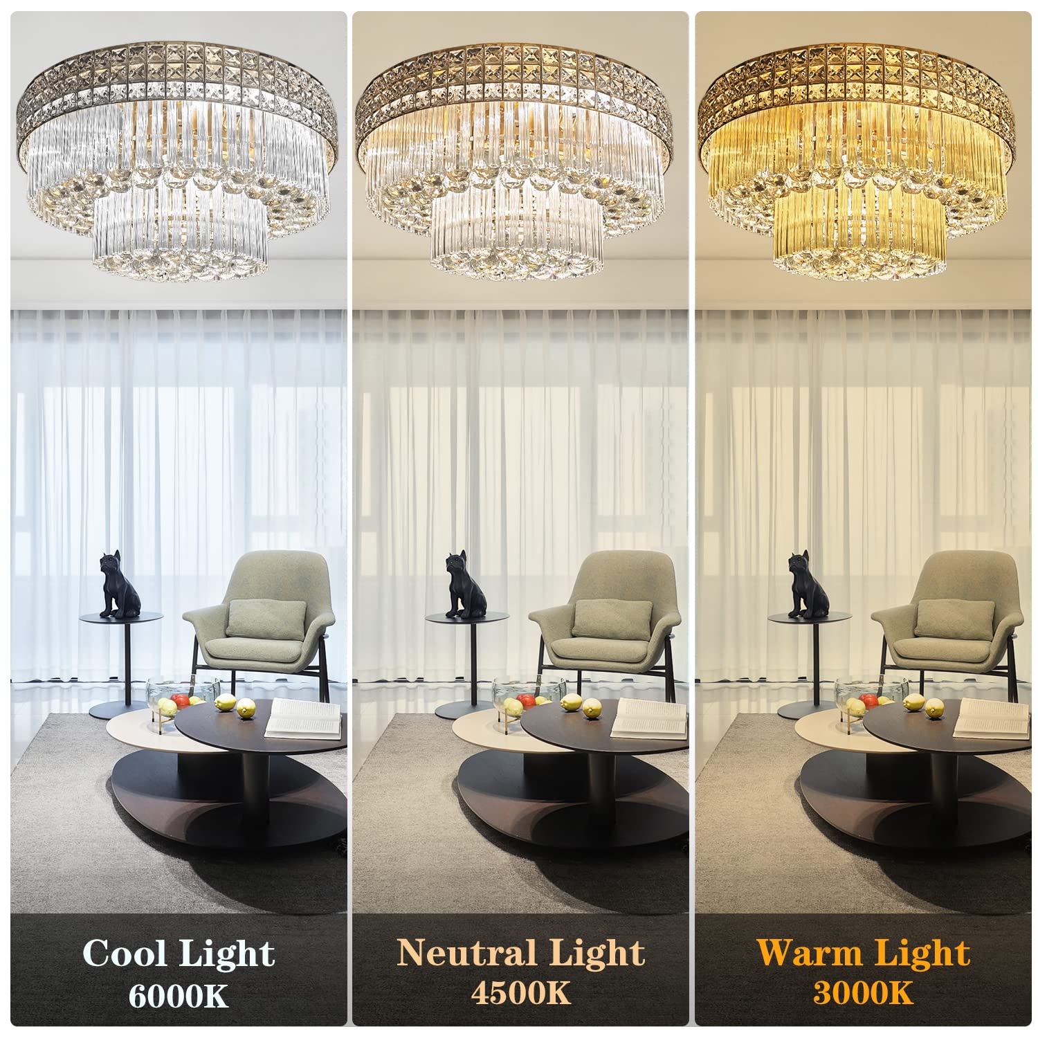 MORE CHANGE MoreChange 23.6inch Modern K9 Crystal Chandelier Luxury Ceiling Lamp Flush Mount LED Ceiling Light Fixture Pendant Lamp with Remote for Dining Room Bathroom Bedroom Livingroom