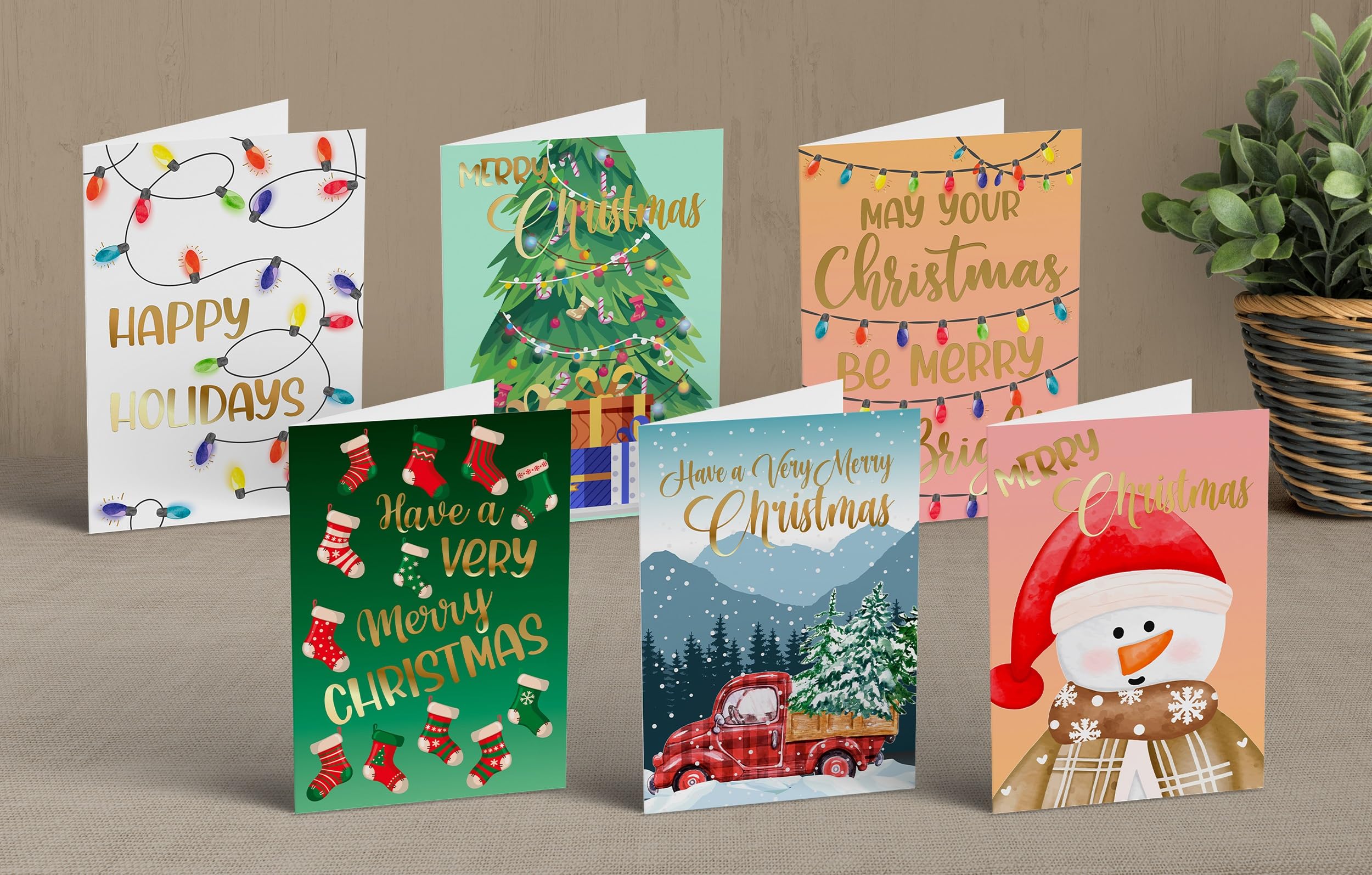 Better Office Products 50 Pack Christmas Cards Set with Gold Foil Accents, 4" x 6", Fun & Festive Designs, Blank Inside, Boxed Set