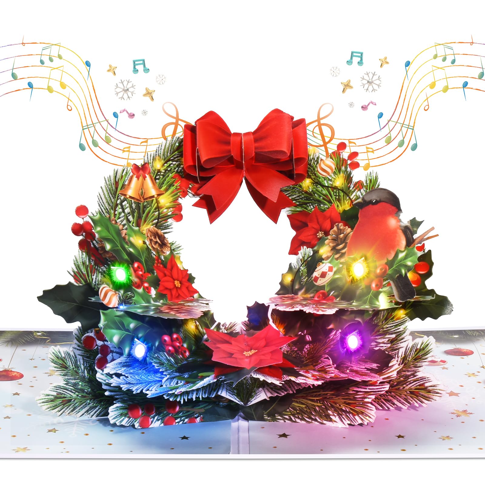 VIVIKEN Pop Up Christmas Cards with Lights and Music, 3D Christmas Wreath Design, Handmade Musical Popup Greeting Card for Christmas Holiday Includes Envelop, Playing 'We Wish You a Merry Christmas'