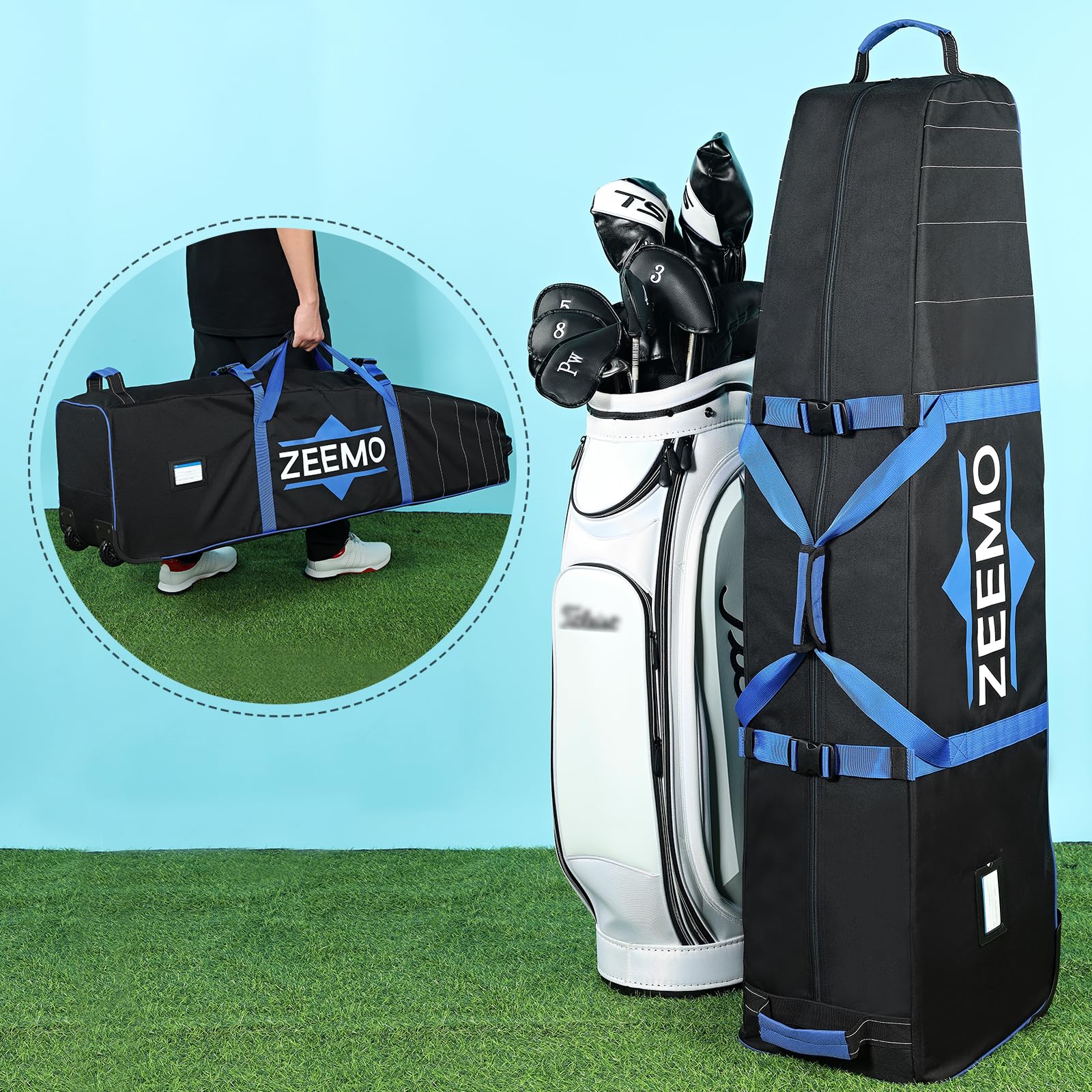 ZEEMO Golf Travel Bag for men, Mid-open Covers with Protective Panel for Golf Clubs, Golf Accessories, Soft-Sided, Travel Size, Airline Approved, Waterproof&Wheels, Black Oxford Case.