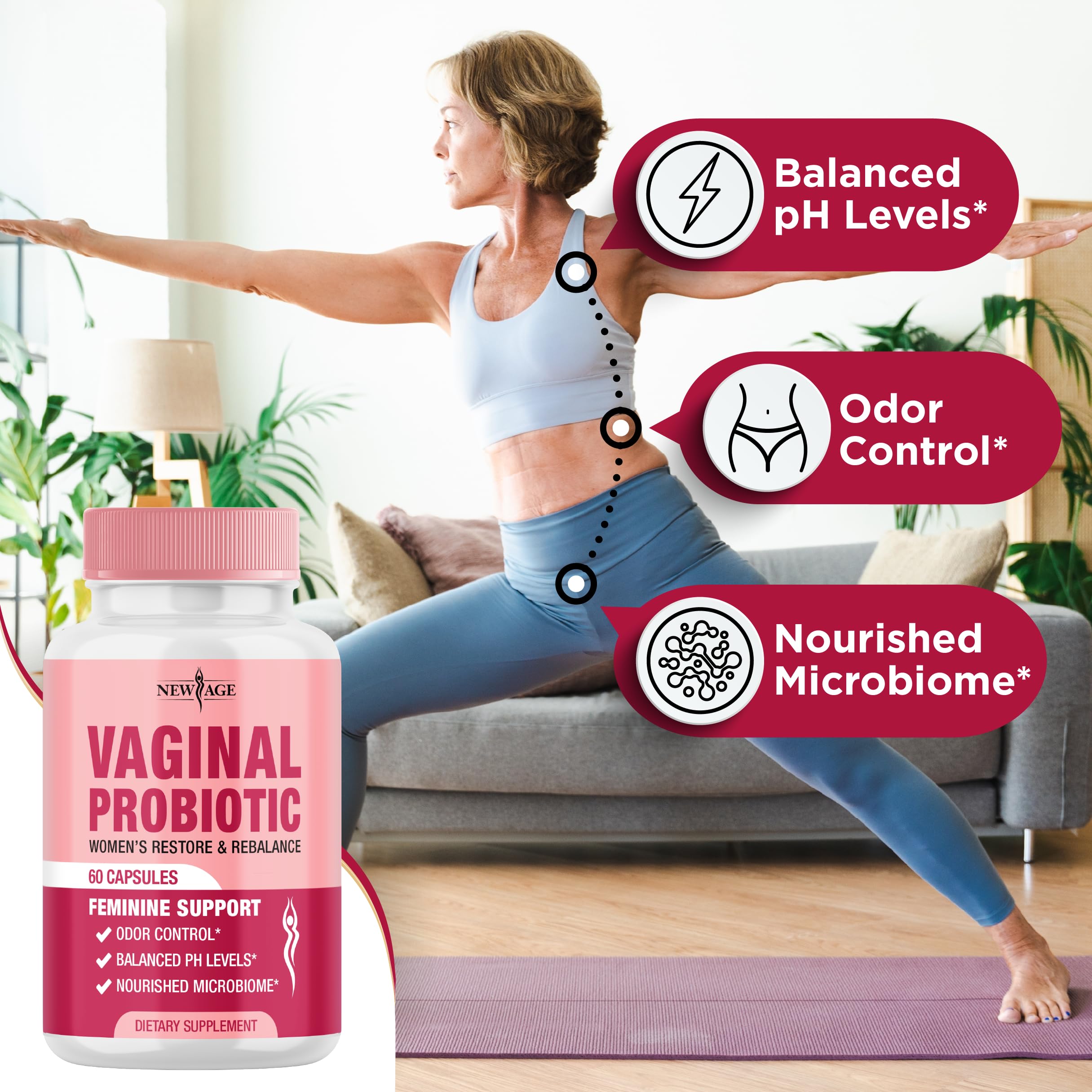 NEW AGE Vaginal Probiotics for Women with Prebiotics, Cranberry Extract, and a Lactobacillus Probiotic Blend, Supports Healthy pH Balance, Odor Control, Vaginal Flora - 120 Capsules