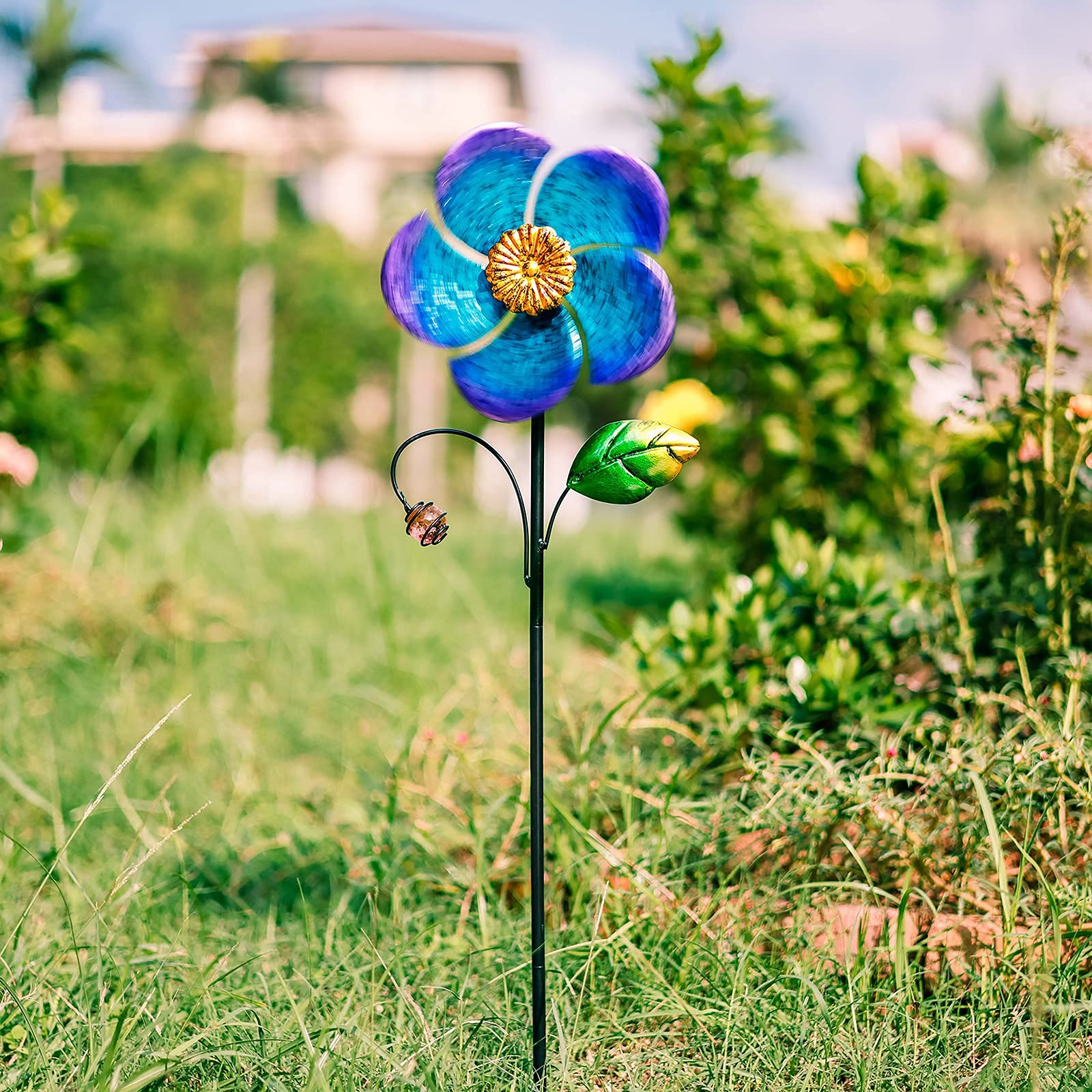 Viveta Wind Spinner with Metal Stake, 28.7 inches Outdoor Garden Pinwheels Spinners Blue Flower Shape Design for Yard Lawn Patio Decor