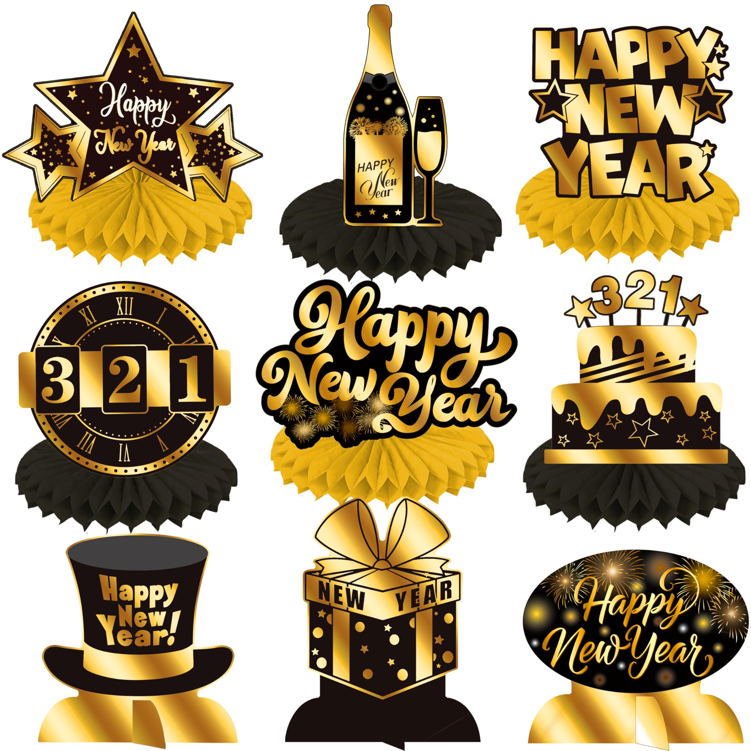 9PCS New Year Honeycomb Centerpieces New Year Party Table Topper Happy New Year Decorations New Year Table Signs for 2025 New Year Party Favor Supplies New Year Party Decorations